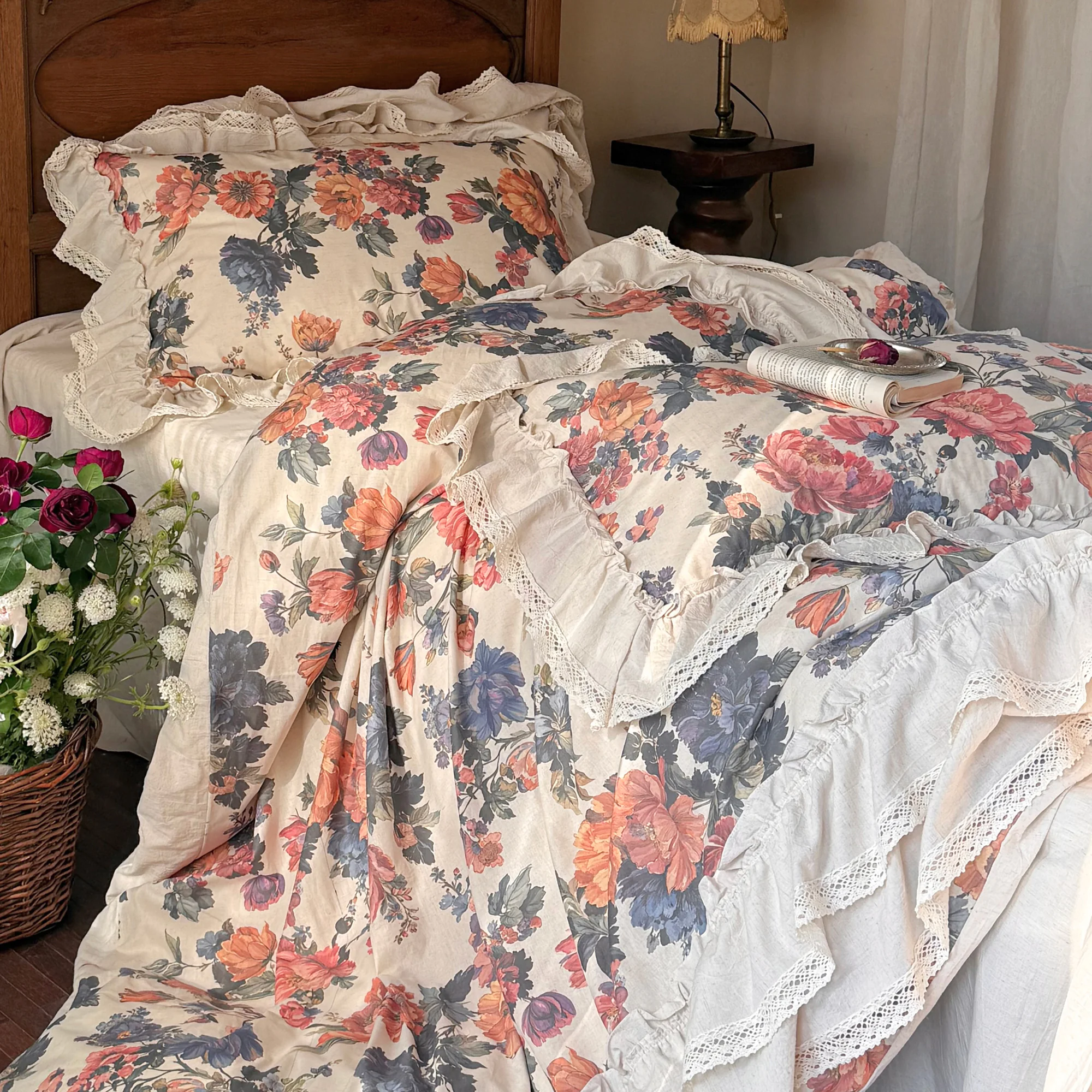 Vintage French Country Style Floral Print Cotton Linen Duvet Cover 4 Pcs Set12