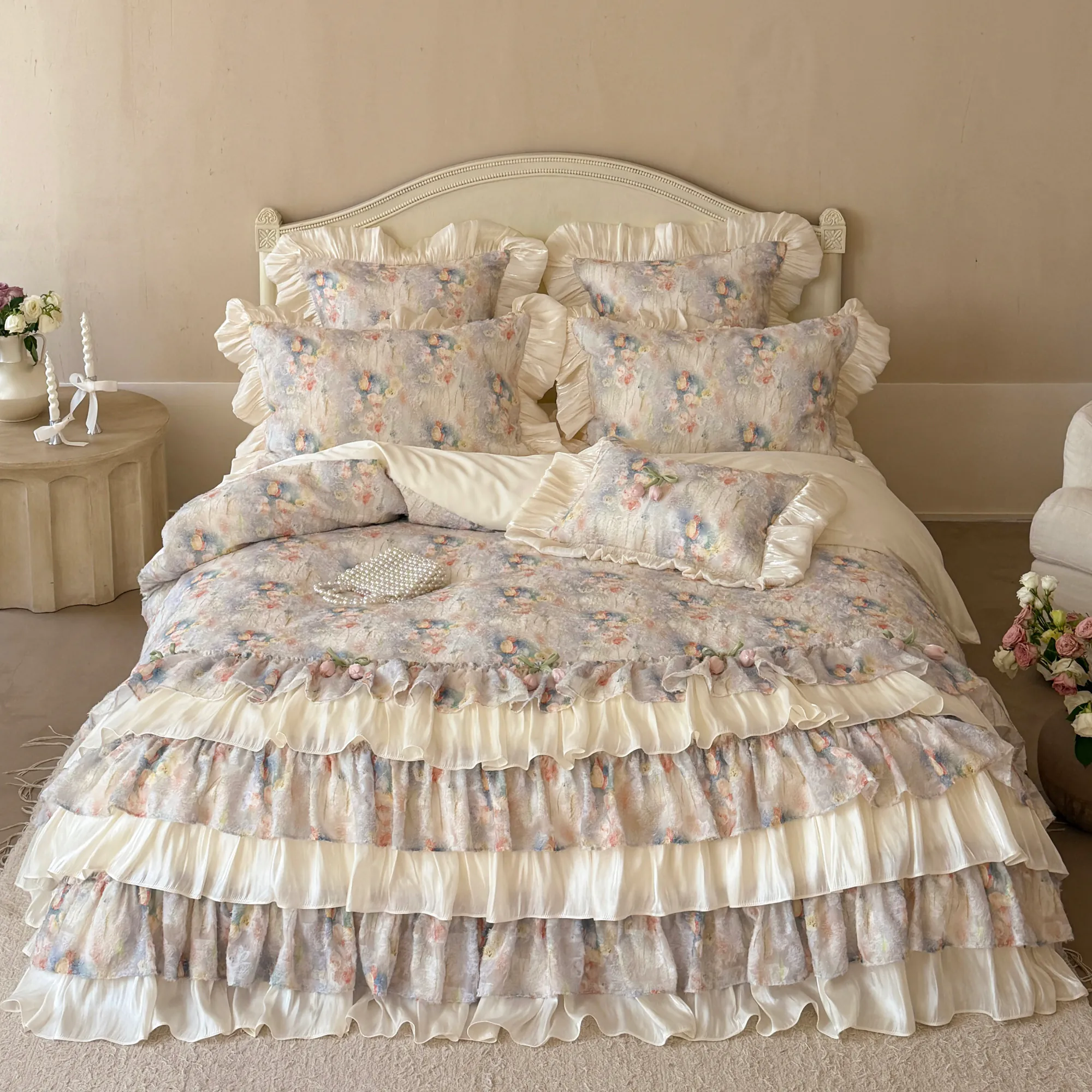 Whimsical Garden Floral 100s Pure Cotton Multi-Layer Ruffle Bedding Set