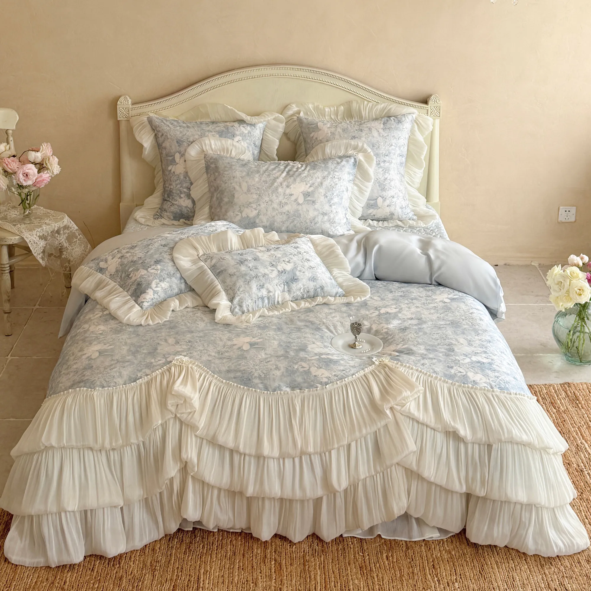Whisper Soft Misty Floral Layered Ruffles 100 Count Cotton Duvet Cover Set01