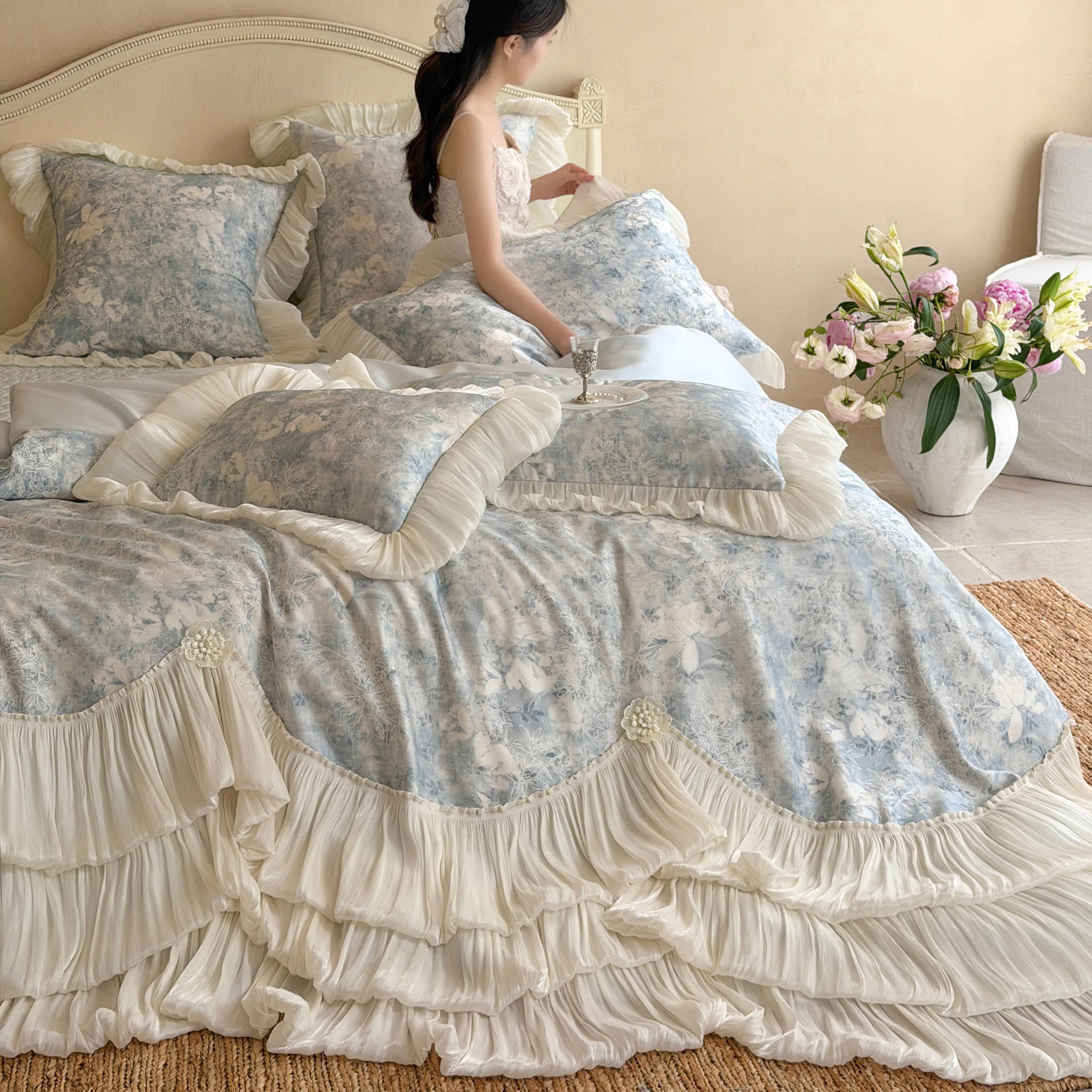 Whisper Soft Misty Floral Layered Ruffles 100 Count Cotton Duvet Cover Set02