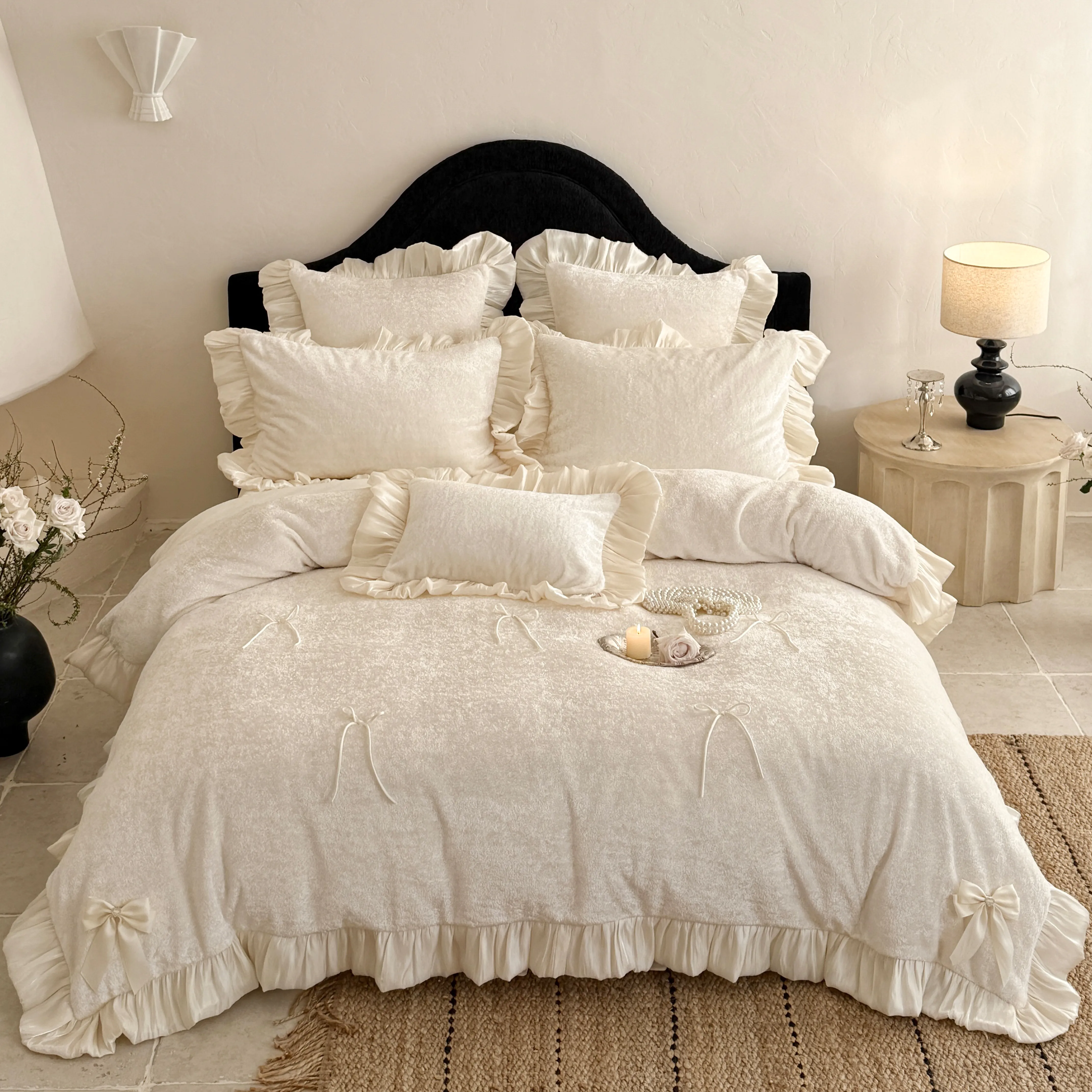 Aesthetic Princess Matte Milk Velvet Ruffle Comforter Cover Set with Satin Bows01