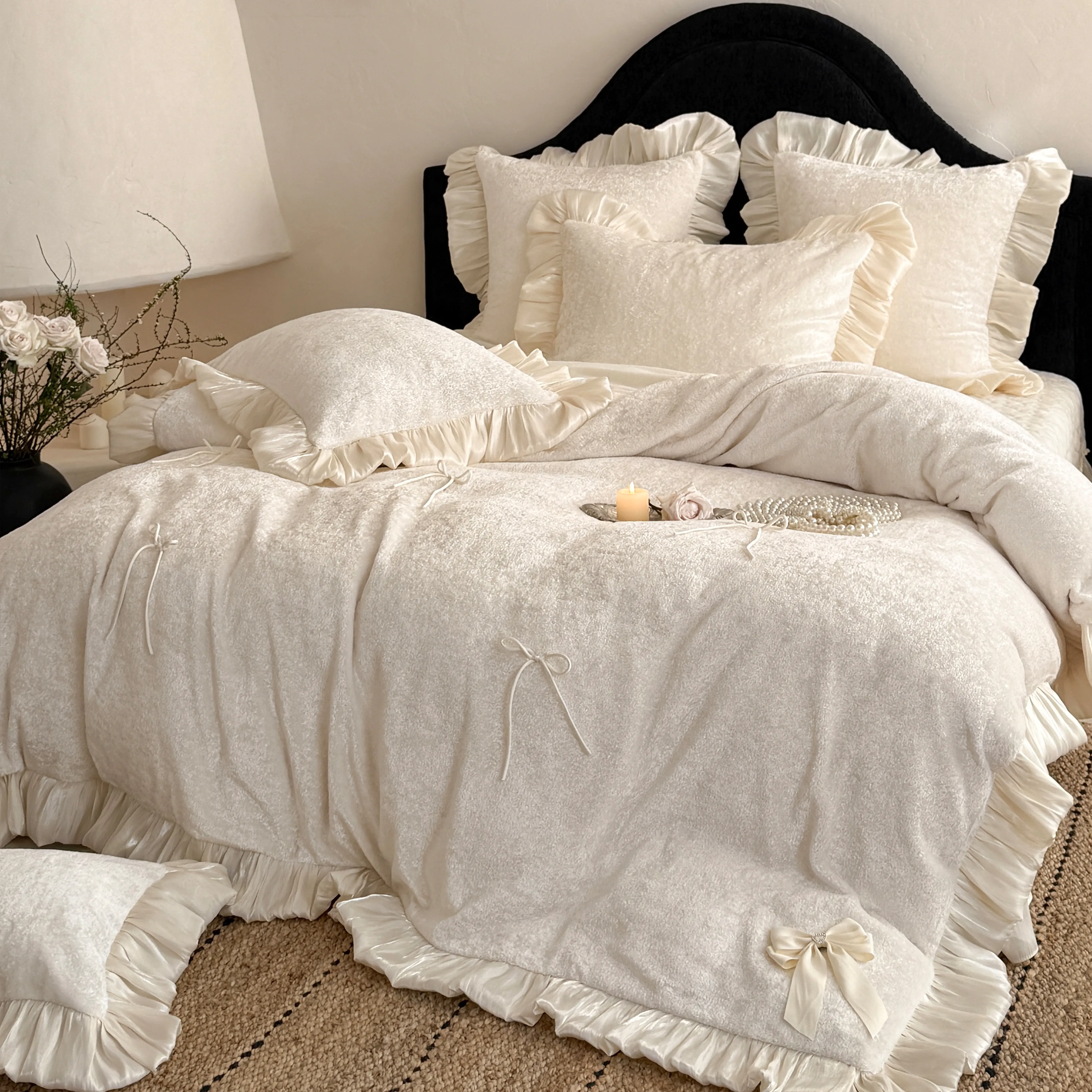 Aesthetic Princess Matte Milk Velvet Ruffle Comforter Cover Set with Satin Bows02