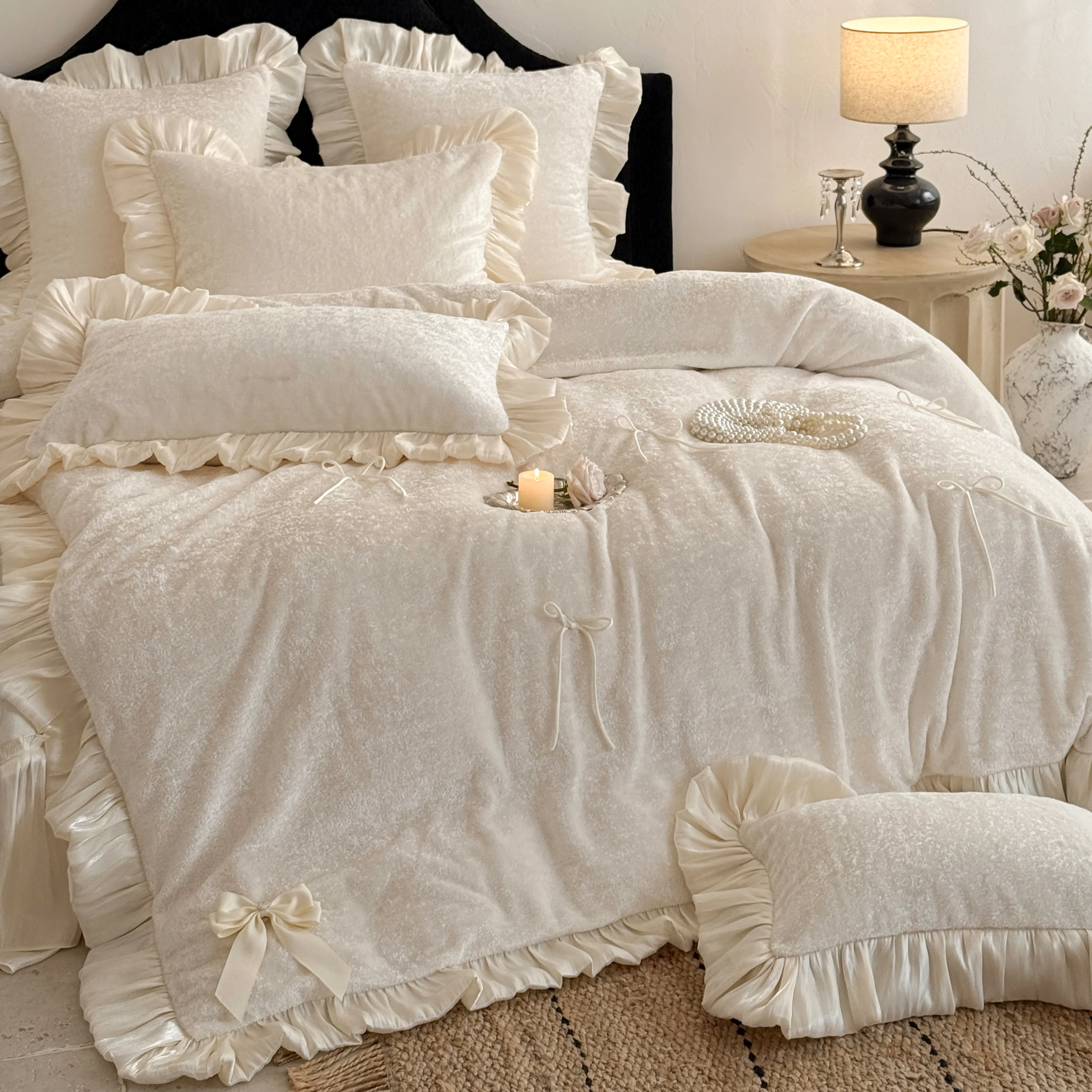 Aesthetic Princess Matte Milk Velvet Ruffle Comforter Cover Set with Satin Bows03 Aesthetic Princess Matte Milk Velvet Ruffle Comforter Cover Set with Satin Bows03
