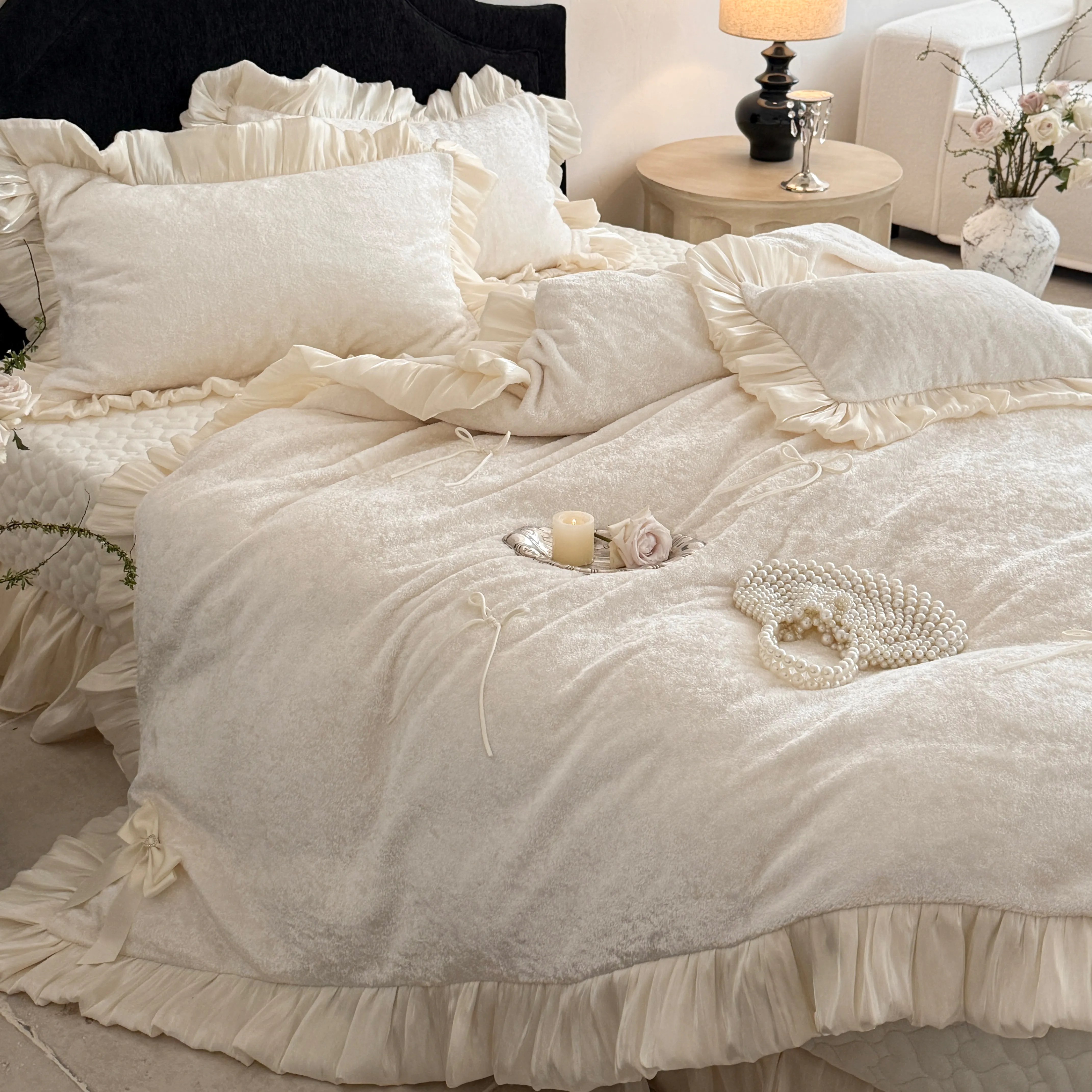 Aesthetic Princess Matte Milk Velvet Ruffle Comforter Cover Set with Satin Bows04 Aesthetic Princess Matte Milk Velvet Ruffle Comforter Cover Set with Satin Bows04