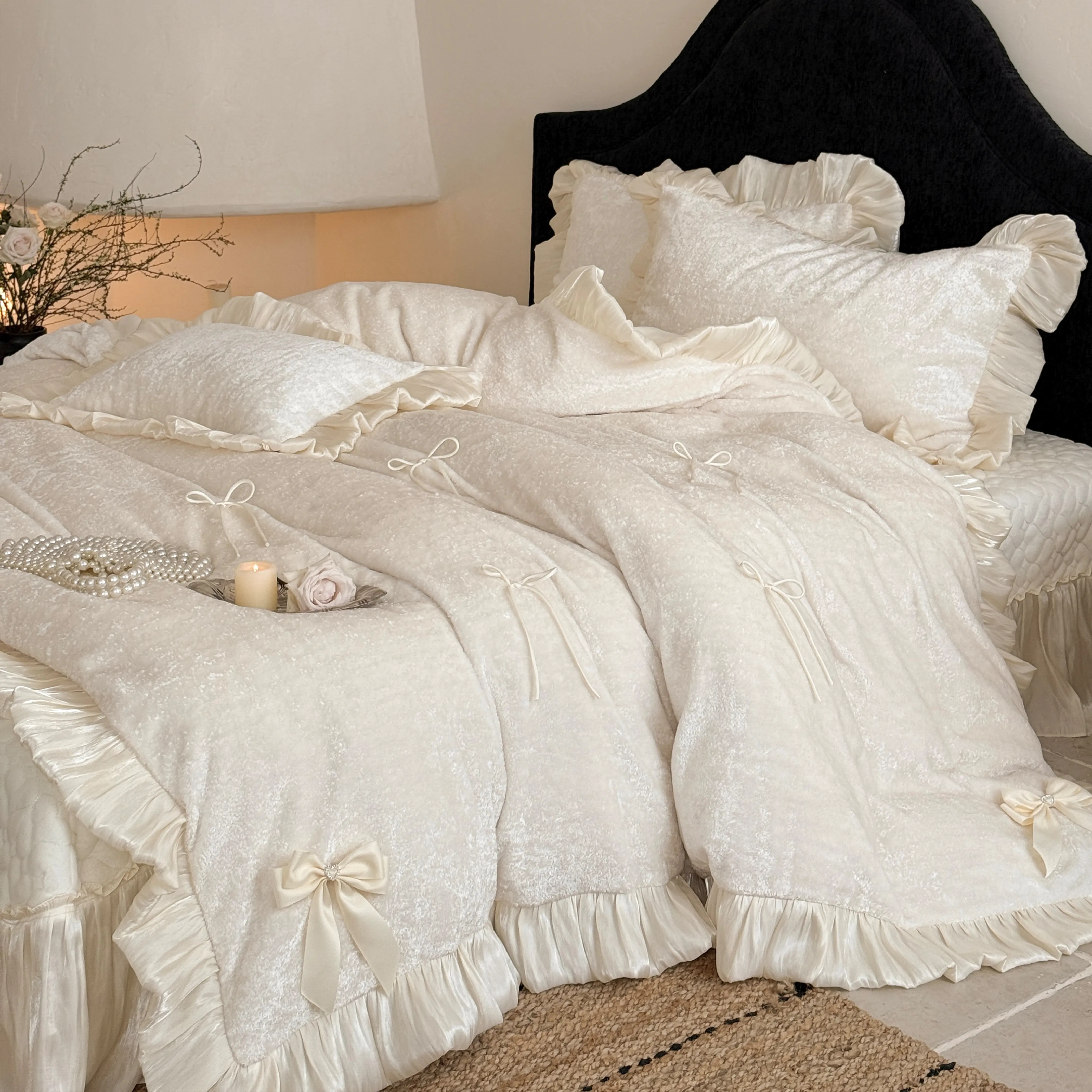 Aesthetic Princess Matte Milk Velvet Ruffle Comforter Cover Set with Satin Bows05 Aesthetic Princess Matte Milk Velvet Ruffle Comforter Cover Set with Satin Bows05
