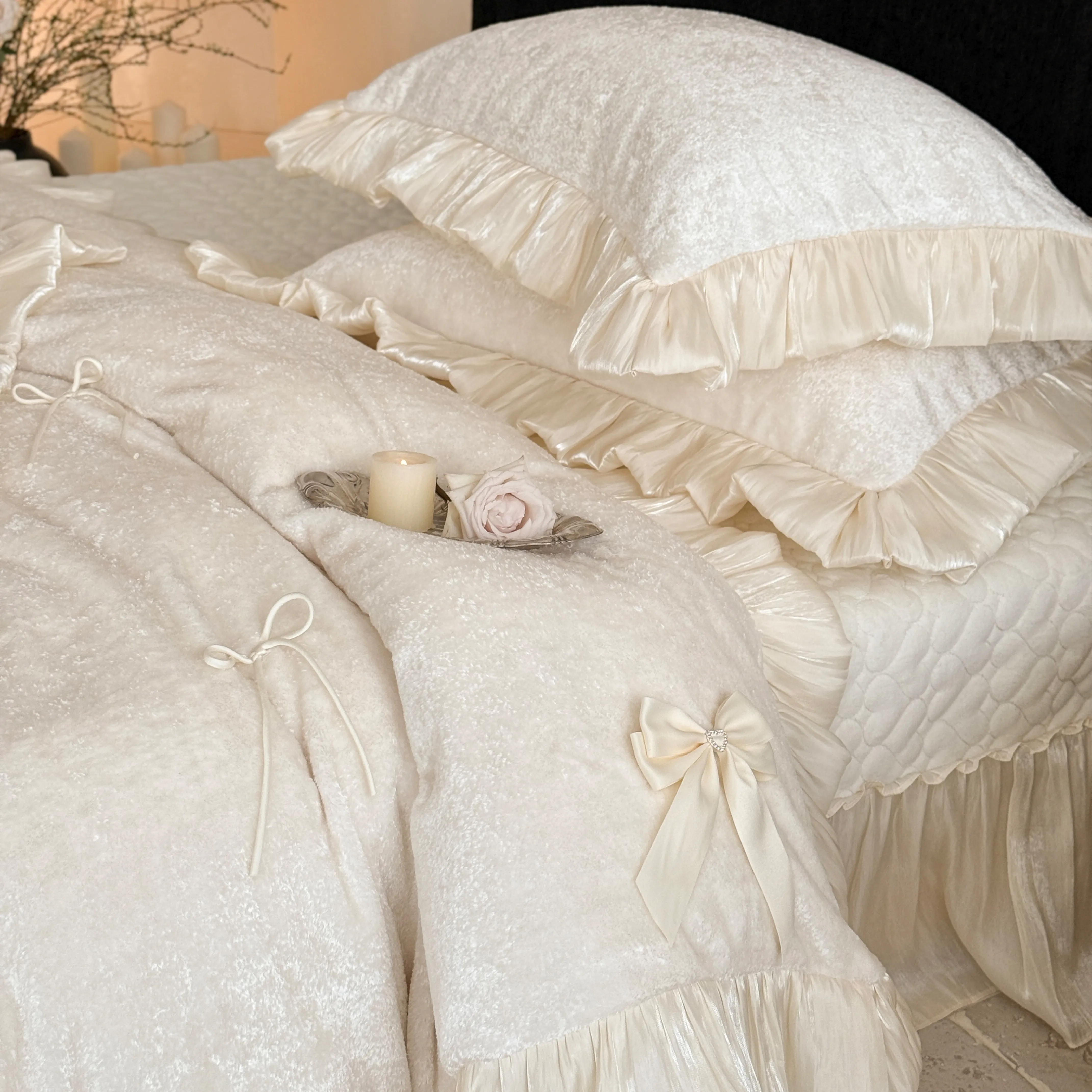 Aesthetic Princess Matte Milk Velvet Ruffle Comforter Cover Set with Satin Bows08 Aesthetic Princess Matte Milk Velvet Ruffle Comforter Cover Set with Satin Bows08
