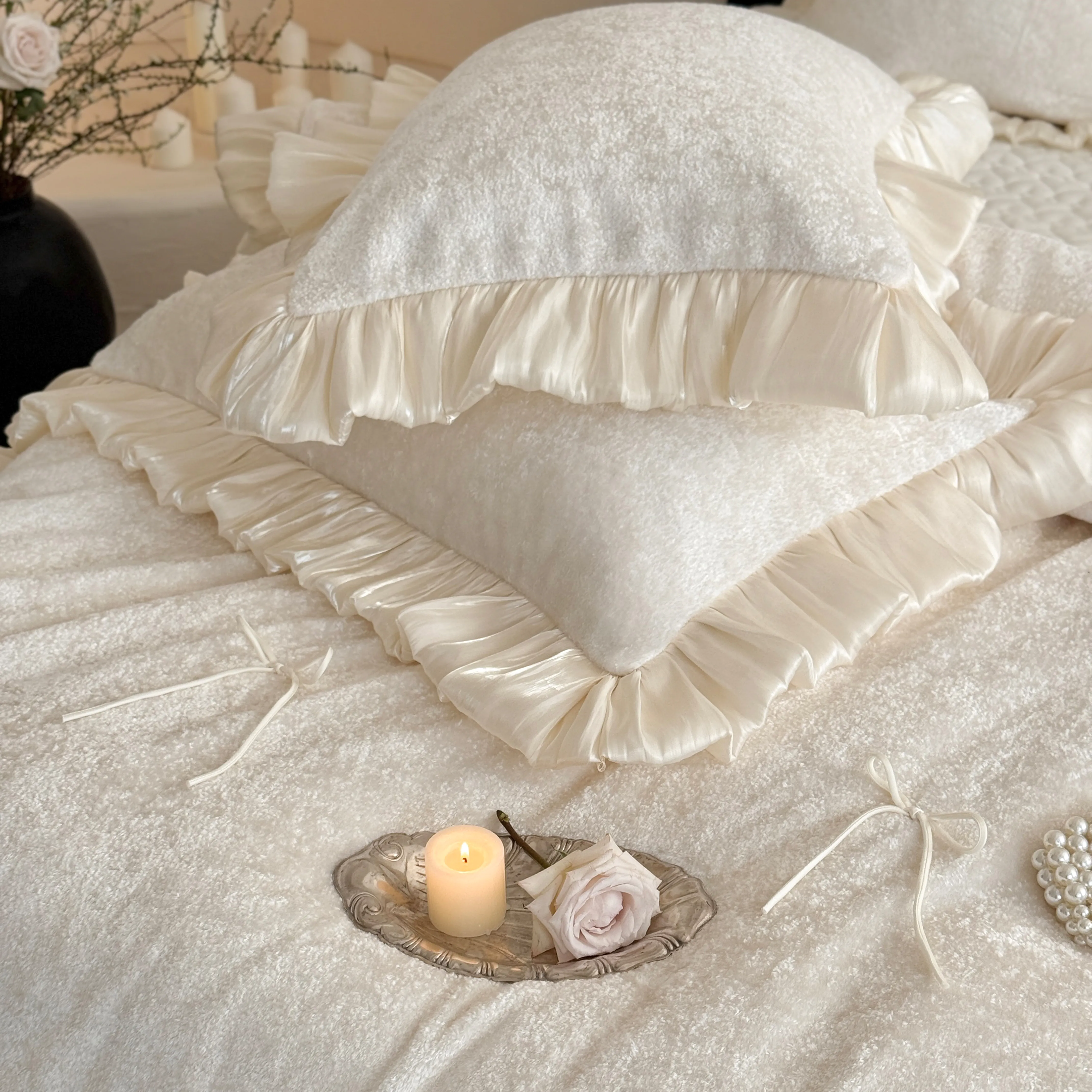 Aesthetic Princess Matte Milk Velvet Ruffle Comforter Cover Set with Satin Bows09 Aesthetic Princess Matte Milk Velvet Ruffle Comforter Cover Set with Satin Bows09