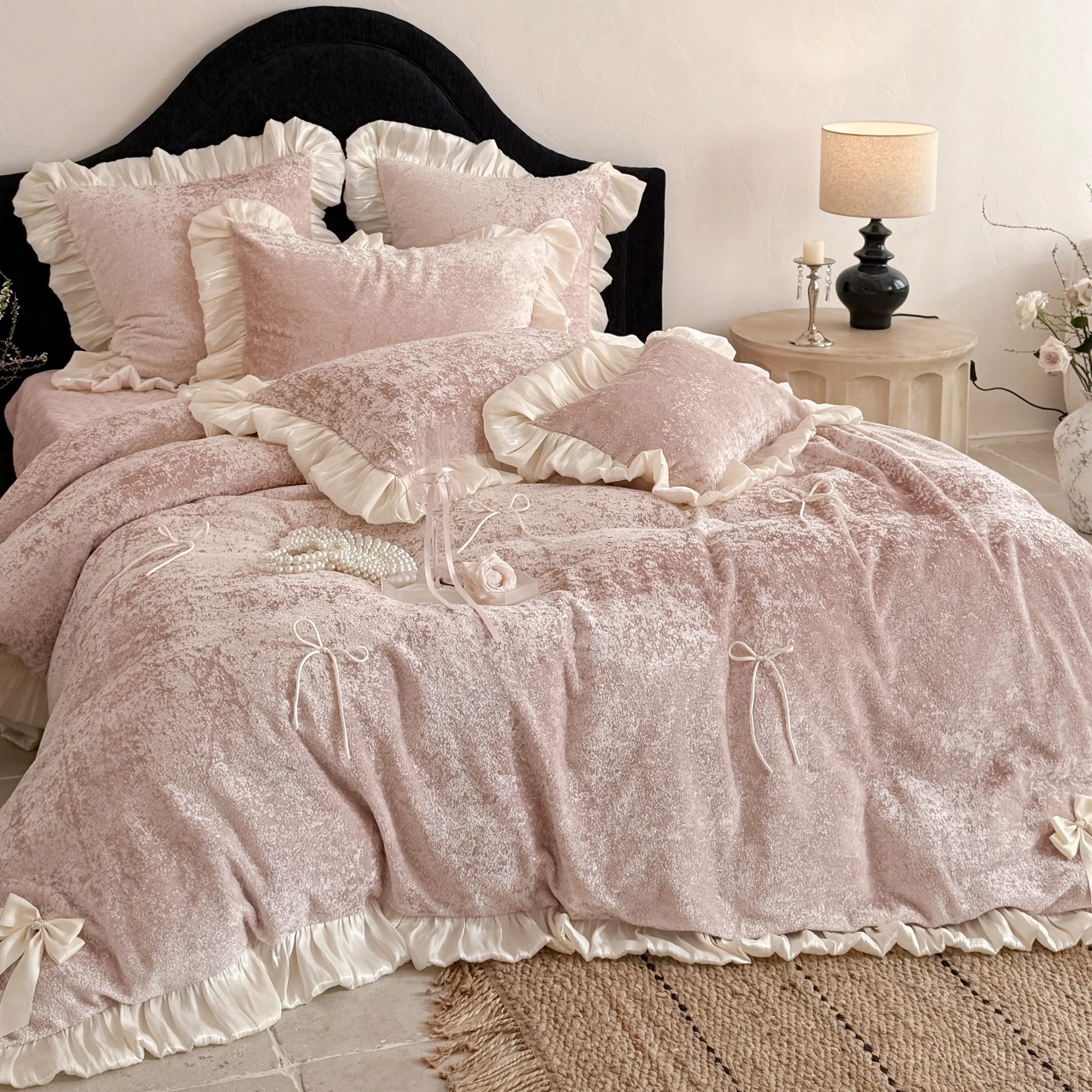 Aesthetic Princess Matte Milk Velvet Ruffle Comforter Cover Set with Satin Bows10 Aesthetic Princess Matte Milk Velvet Ruffle Comforter Cover Set with Satin Bows10