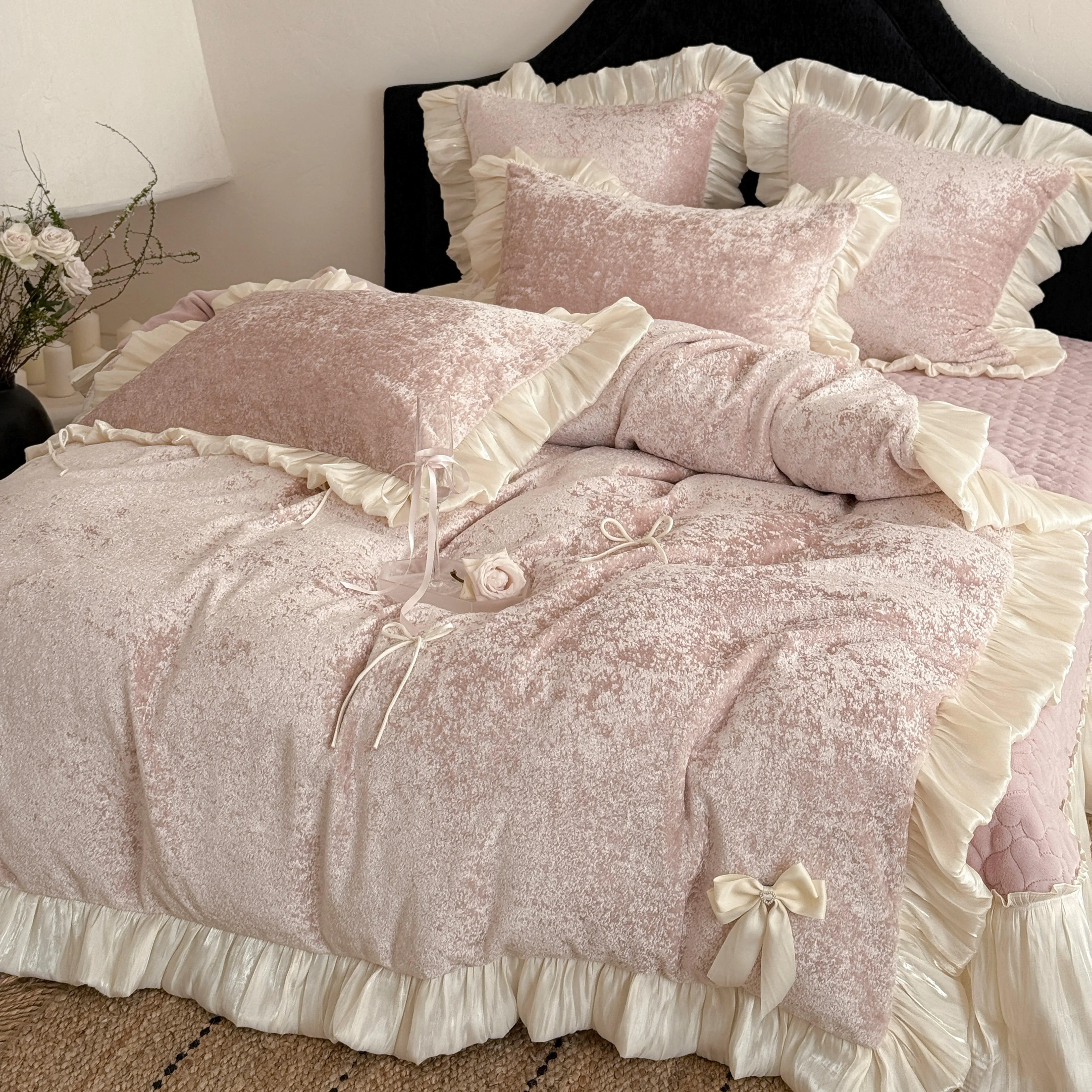 Aesthetic Princess Matte Milk Velvet Ruffle Comforter Cover Set with Satin Bows11 Aesthetic Princess Matte Milk Velvet Ruffle Comforter Cover Set with Satin Bows11