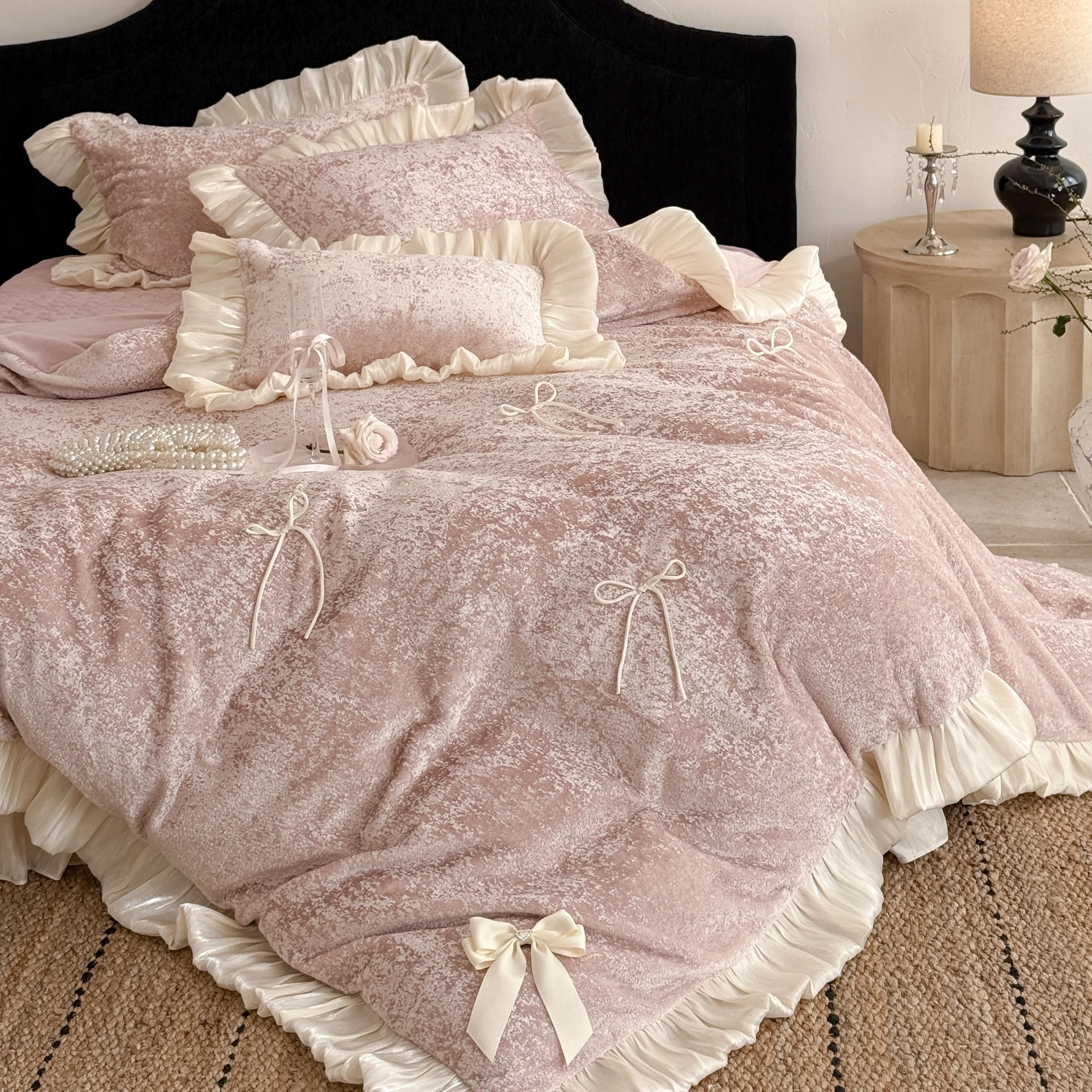 Aesthetic Princess Matte Milk Velvet Ruffle Comforter Cover Set with Satin Bows12 Aesthetic Princess Matte Milk Velvet Ruffle Comforter Cover Set with Satin Bows12