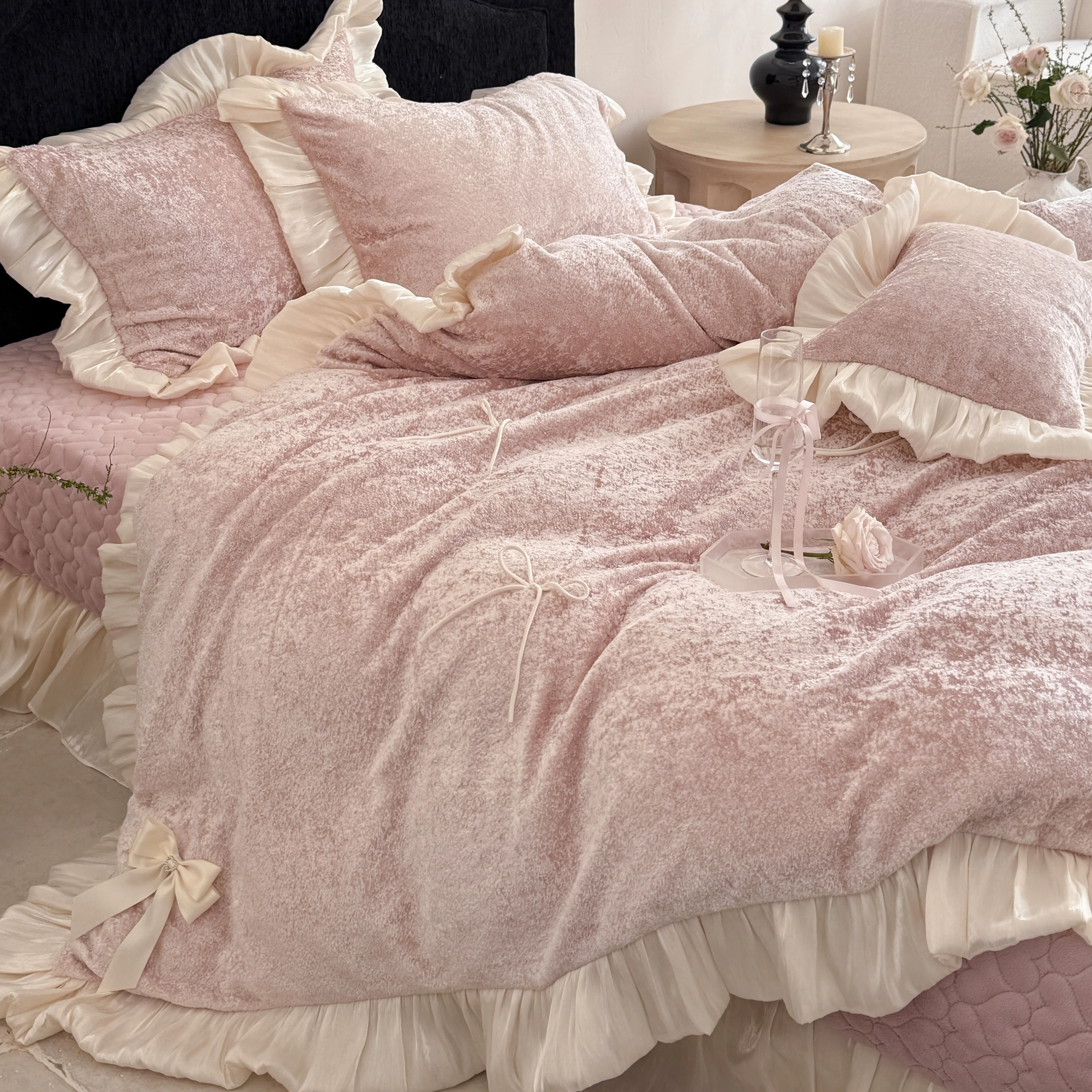 Aesthetic Princess Matte Milk Velvet Ruffle Comforter Cover Set with Satin Bows13 Aesthetic Princess Matte Milk Velvet Ruffle Comforter Cover Set with Satin Bows13