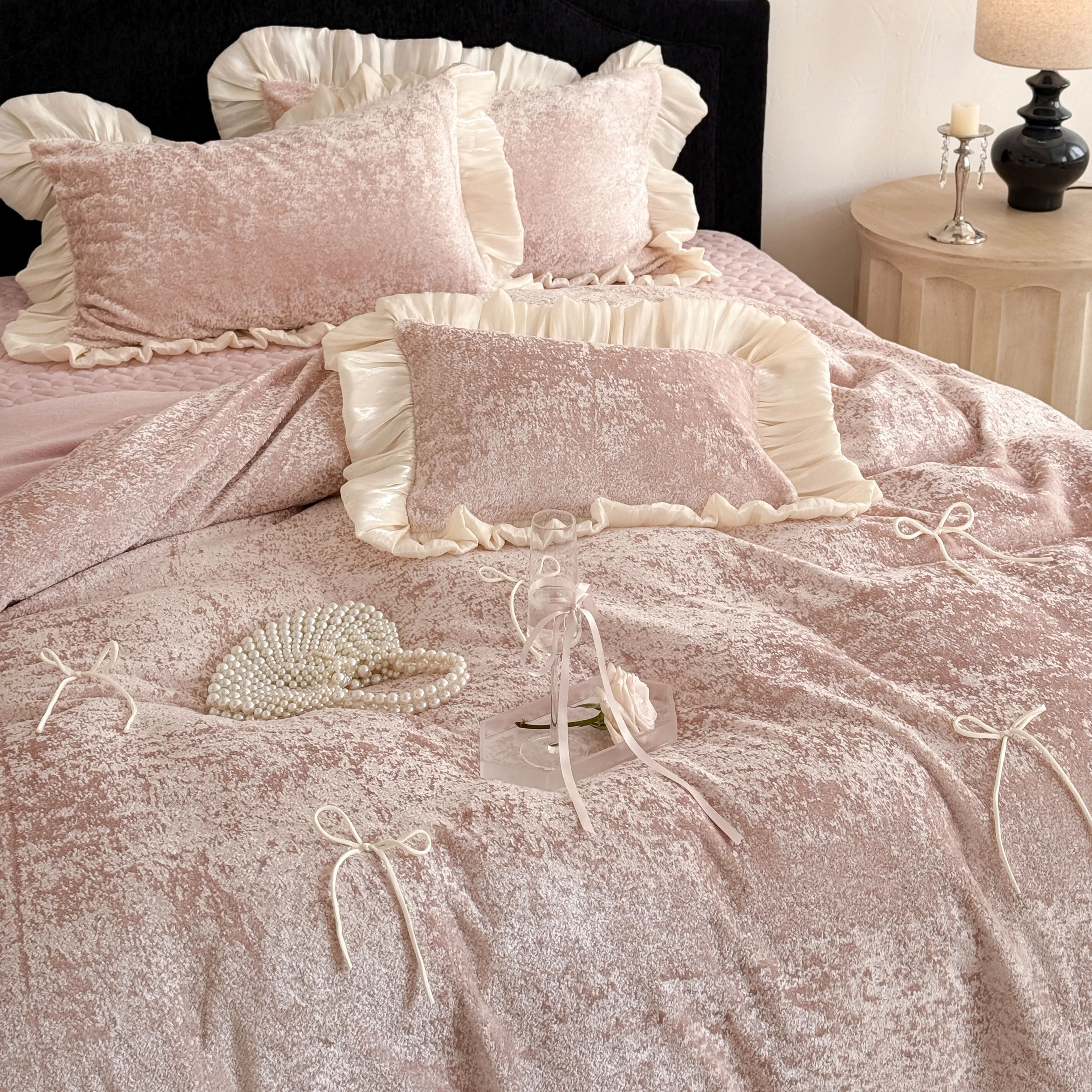Aesthetic Princess Matte Milk Velvet Ruffle Comforter Cover Set with Satin Bows14 Aesthetic Princess Matte Milk Velvet Ruffle Comforter Cover Set with Satin Bows14
