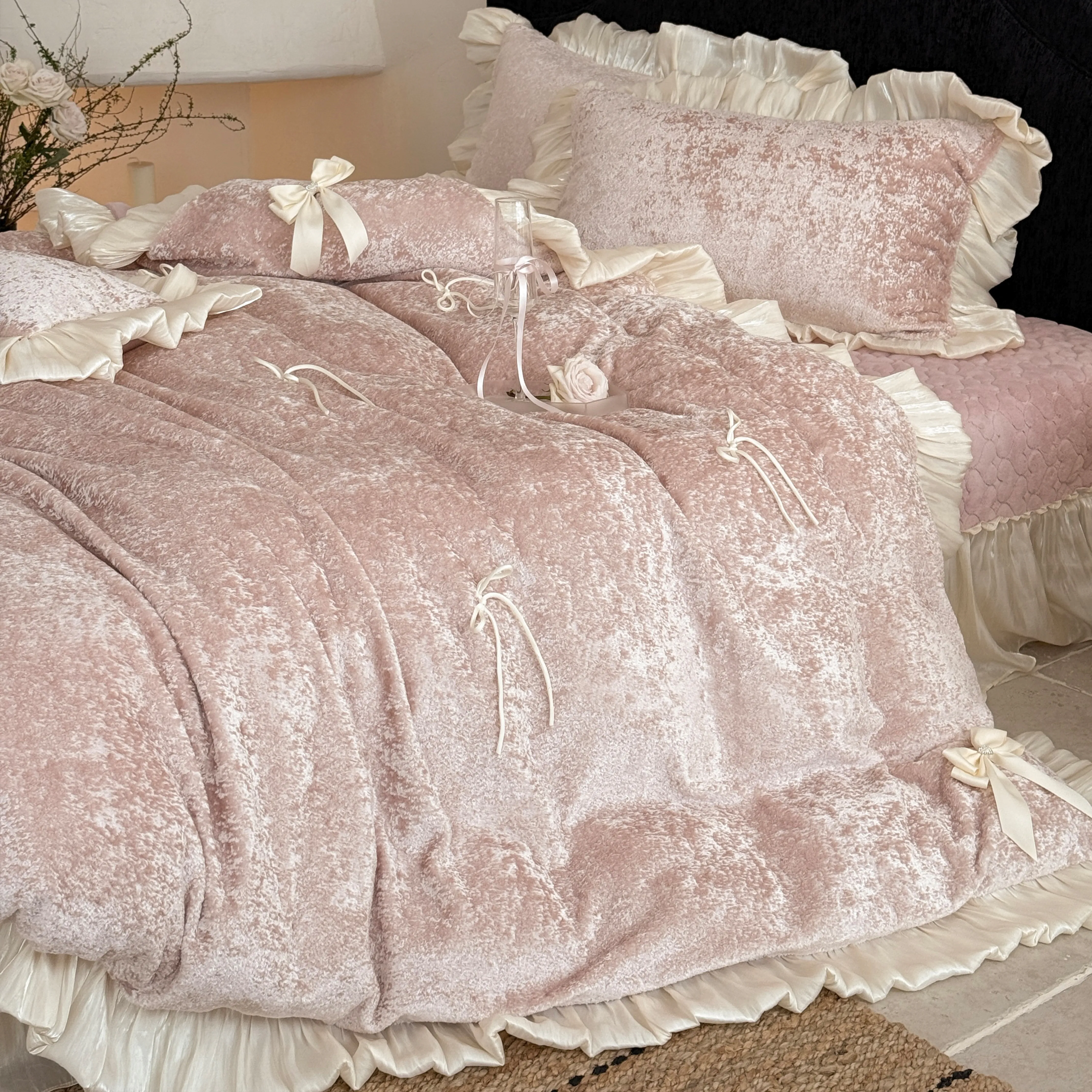Aesthetic Princess Matte Milk Velvet Ruffle Comforter Cover Set with Satin Bows15 Aesthetic Princess Matte Milk Velvet Ruffle Comforter Cover Set with Satin Bows15