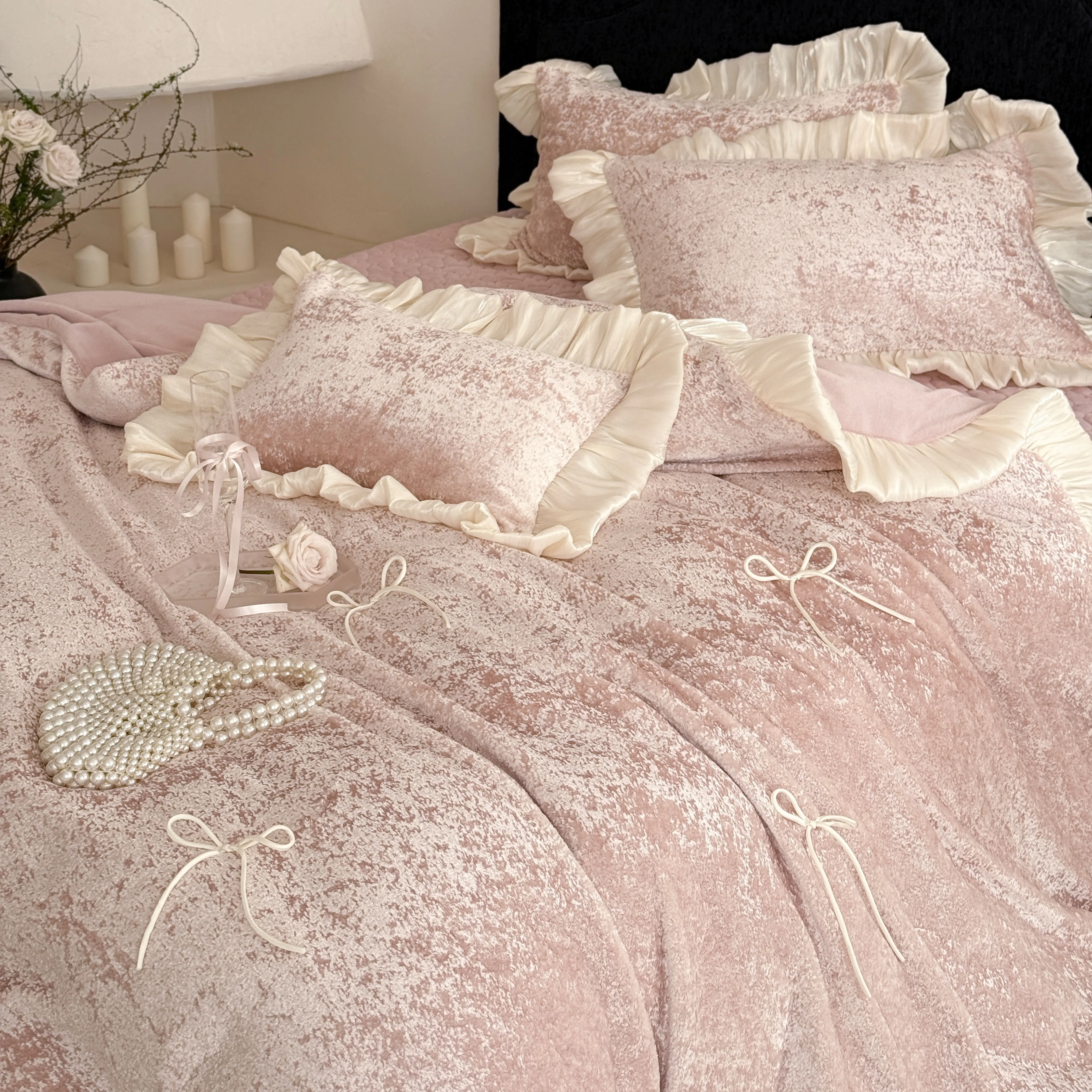 Aesthetic Princess Matte Milk Velvet Ruffle Comforter Cover Set with Satin Bows16 Aesthetic Princess Matte Milk Velvet Ruffle Comforter Cover Set with Satin Bows16