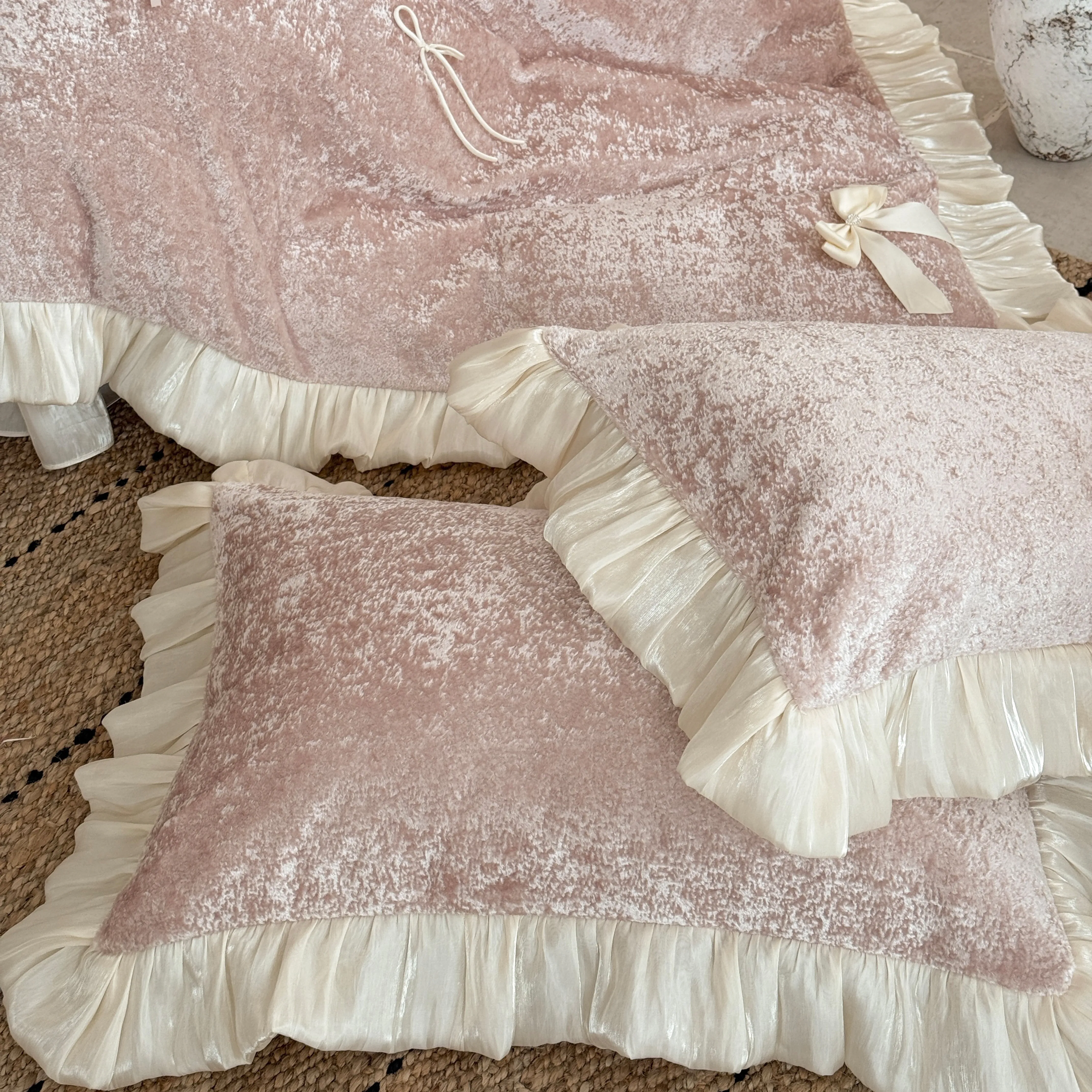 Aesthetic Princess Matte Milk Velvet Ruffle Comforter Cover Set with Satin Bows18 Aesthetic Princess Matte Milk Velvet Ruffle Comforter Cover Set with Satin Bows18