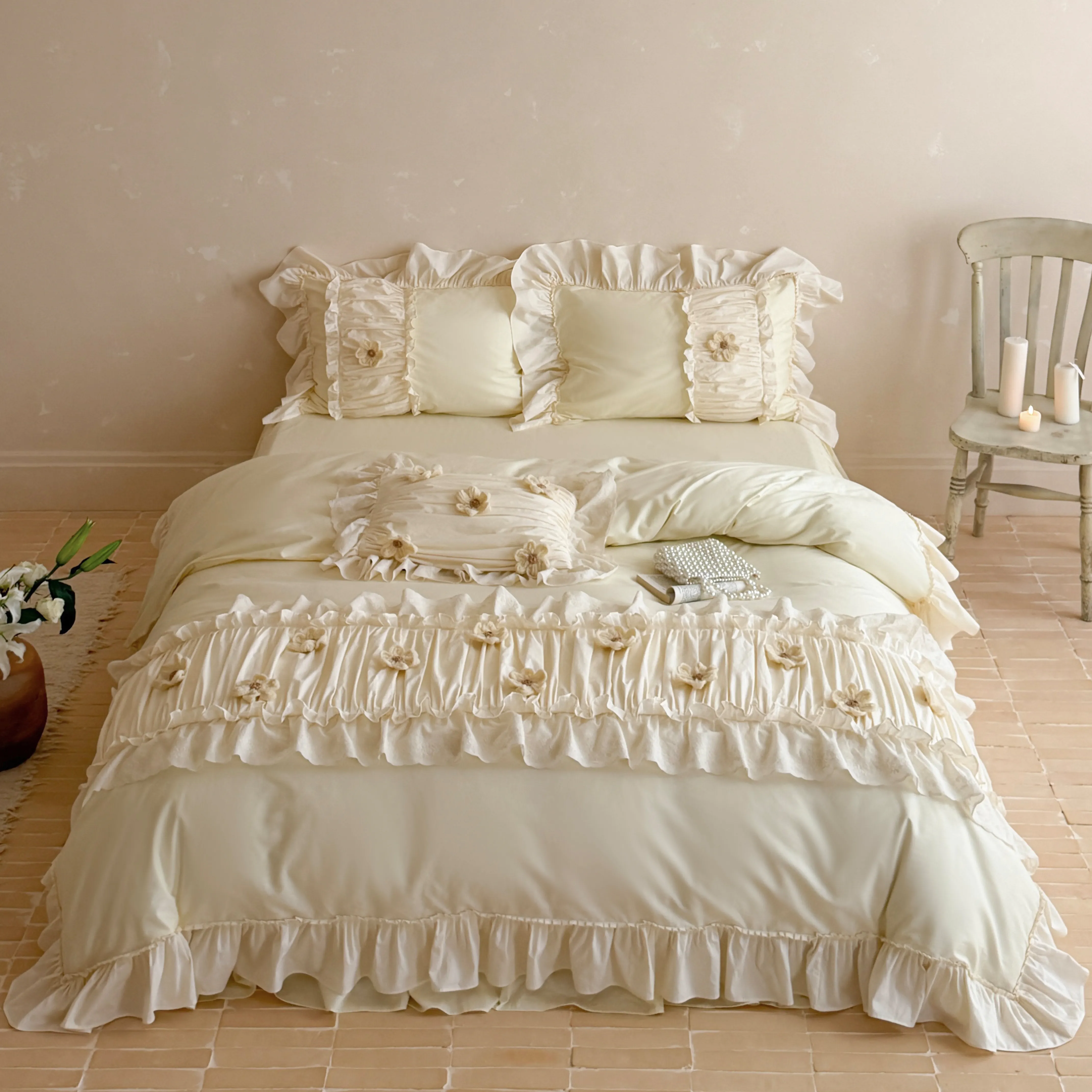 Feminine Soft 40S Pure Cotton 3D Floral Ruffle Trim Duvet Cover 4 Pcs Set