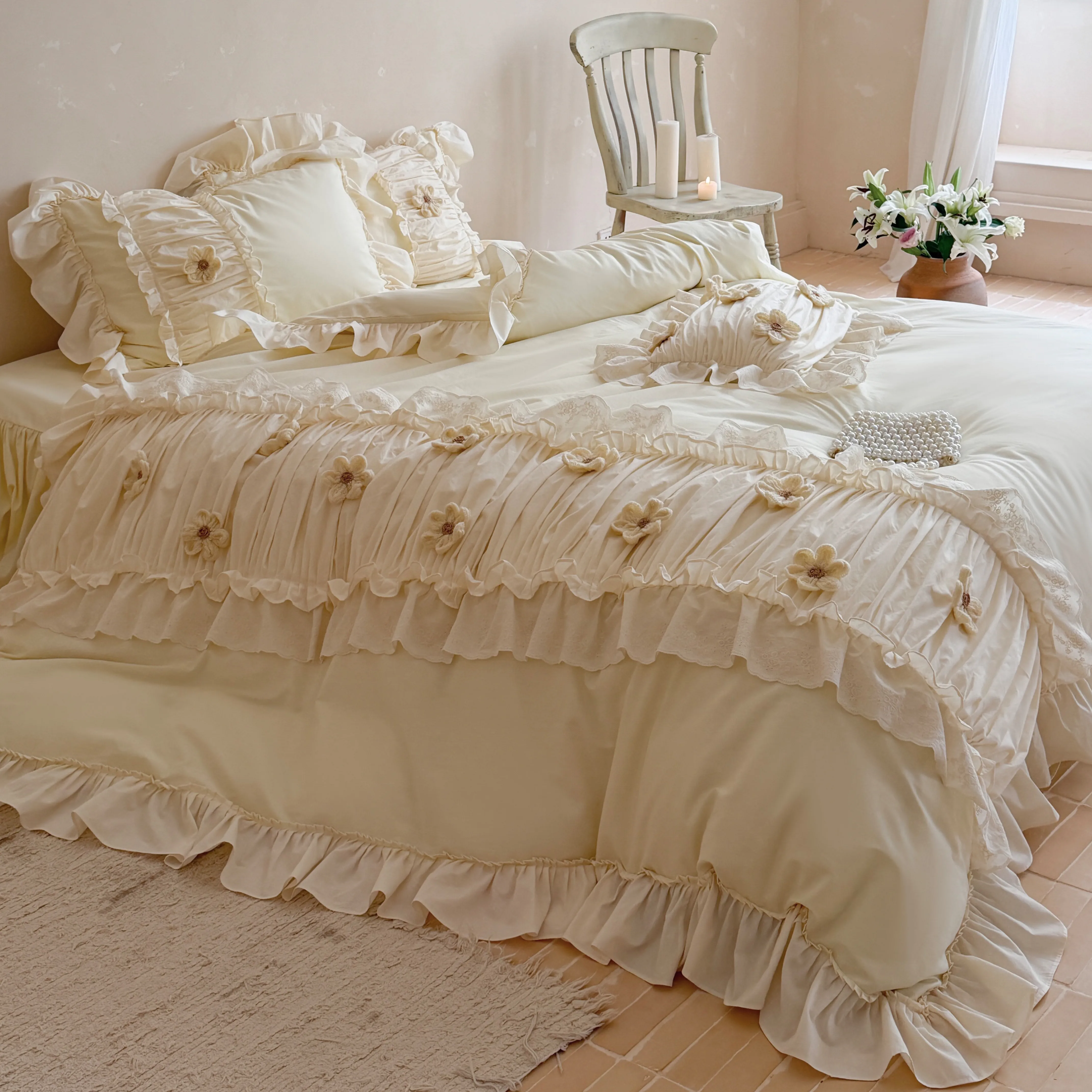 Feminine Soft 40S Pure Cotton 3D Floral Ruffle Trim Duvet Cover 4 Pcs Set03