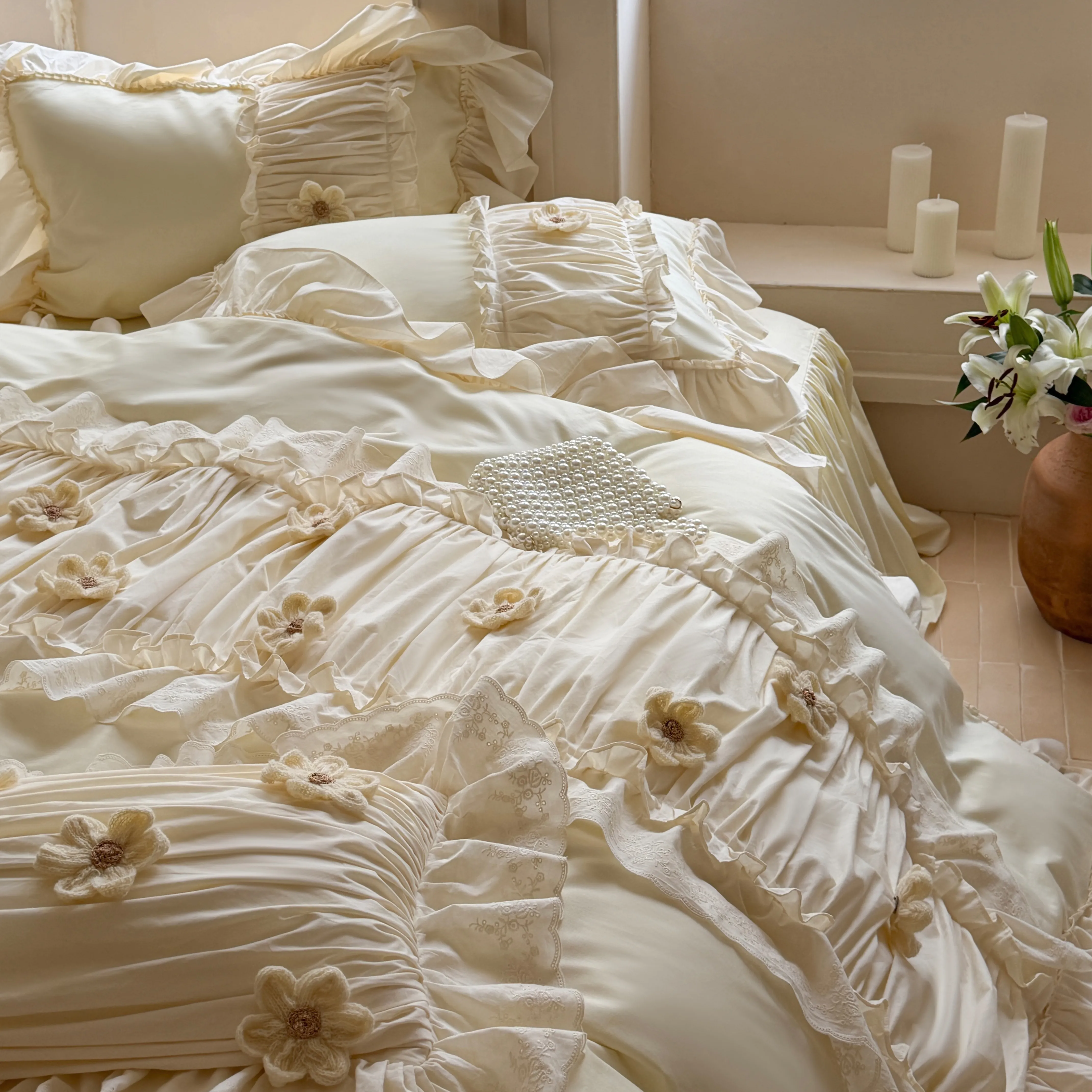 Feminine Soft 40S Pure Cotton 3D Floral Ruffle Trim Duvet Cover 4 Pcs Set04