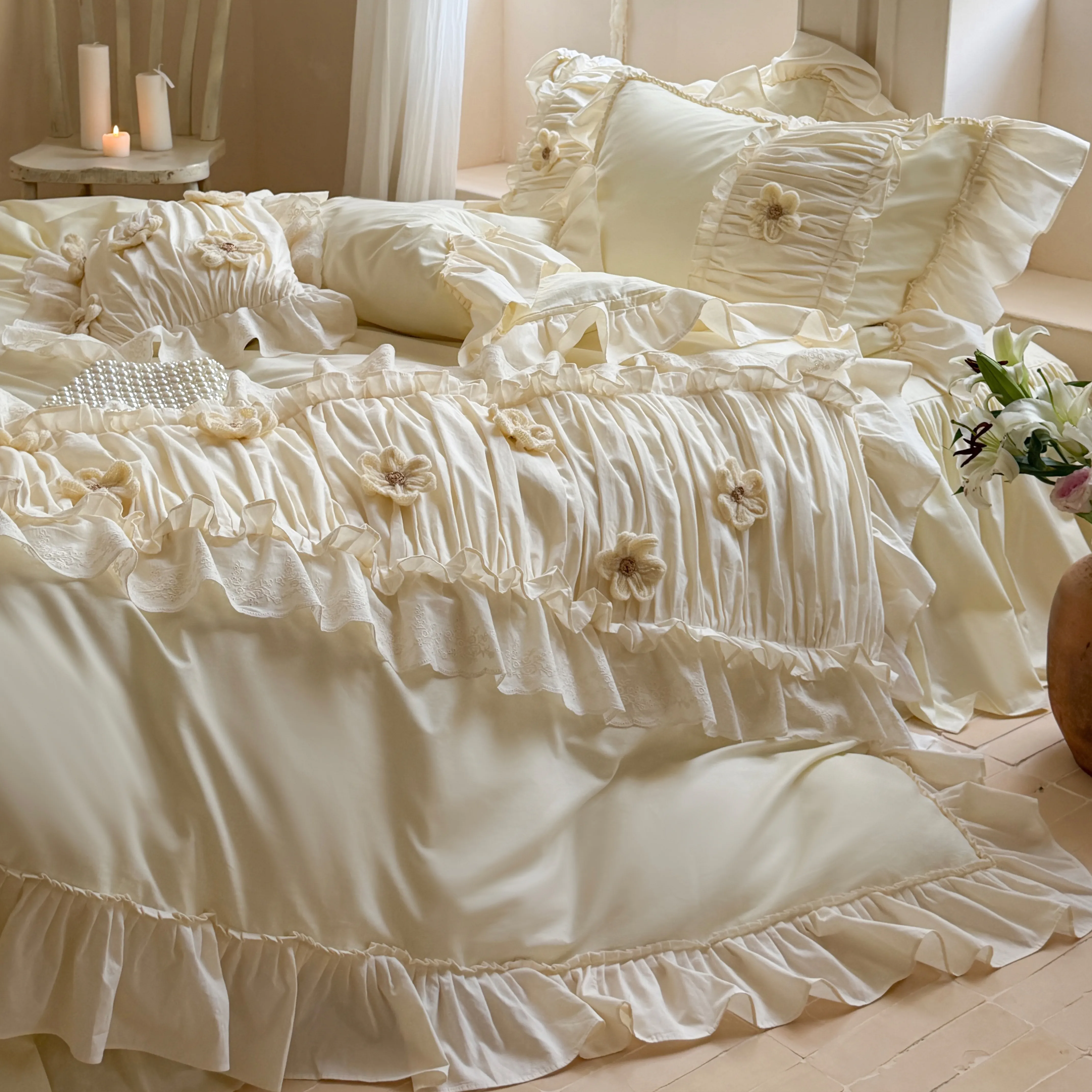 Feminine Soft 40S Pure Cotton 3D Floral Ruffle Trim Duvet Cover 4 Pcs Set05
