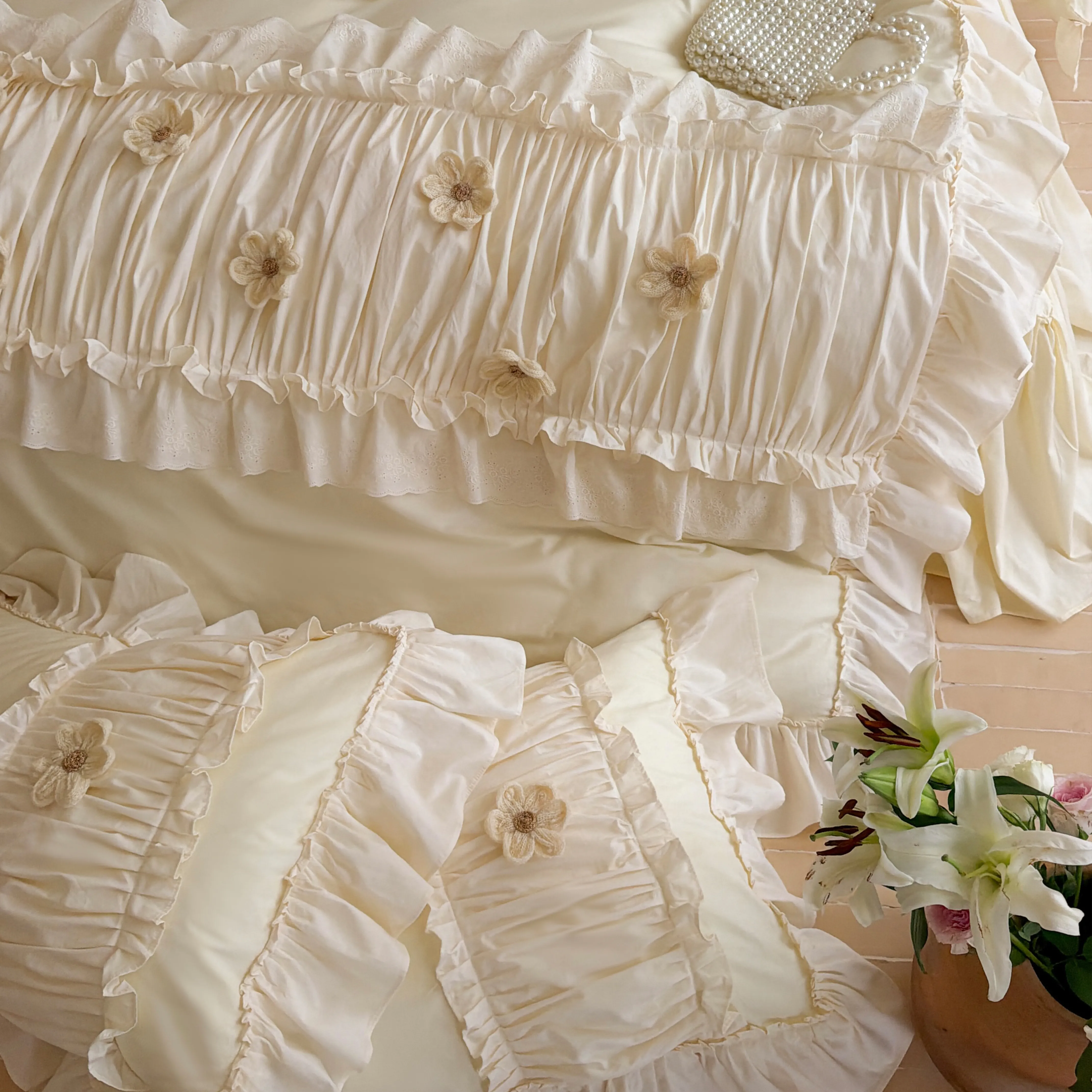 Feminine Soft 40S Pure Cotton 3D Floral Ruffle Trim Duvet Cover 4 Pcs Set06