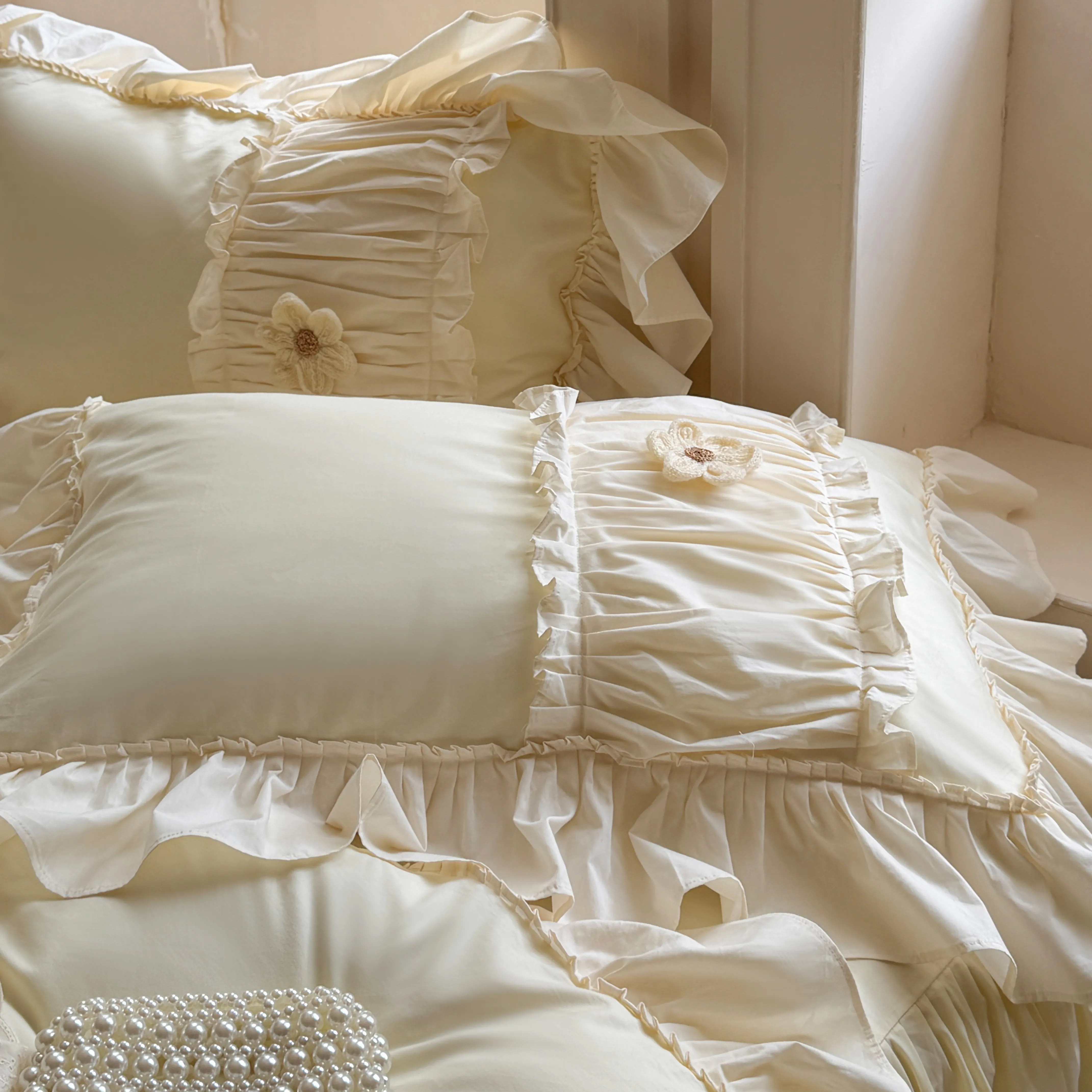 Feminine Soft 40S Pure Cotton 3D Floral Ruffle Trim Duvet Cover 4 Pcs Set08