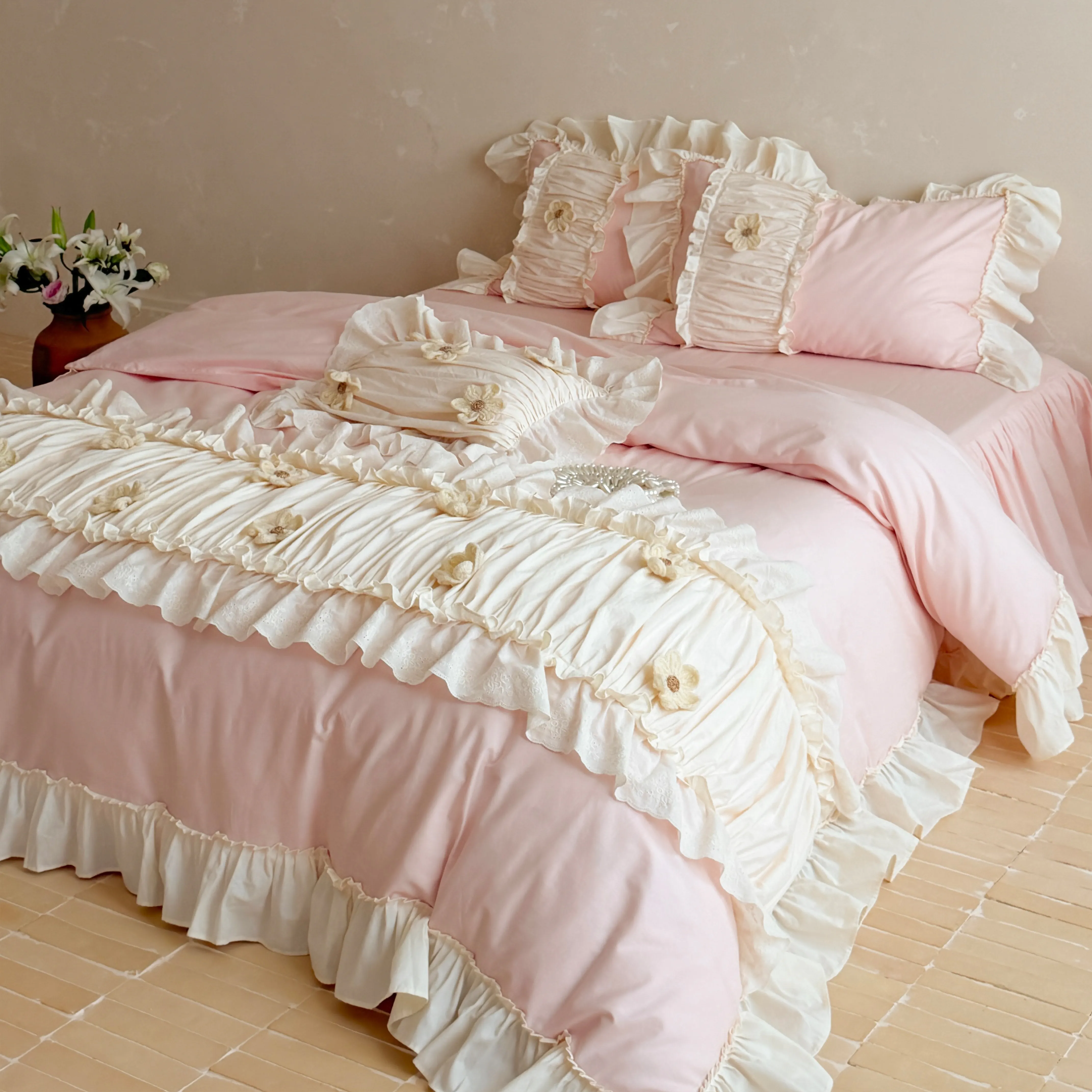Feminine Soft 40S Pure Cotton 3D Floral Ruffle Trim Duvet Cover 4 Pcs Set09