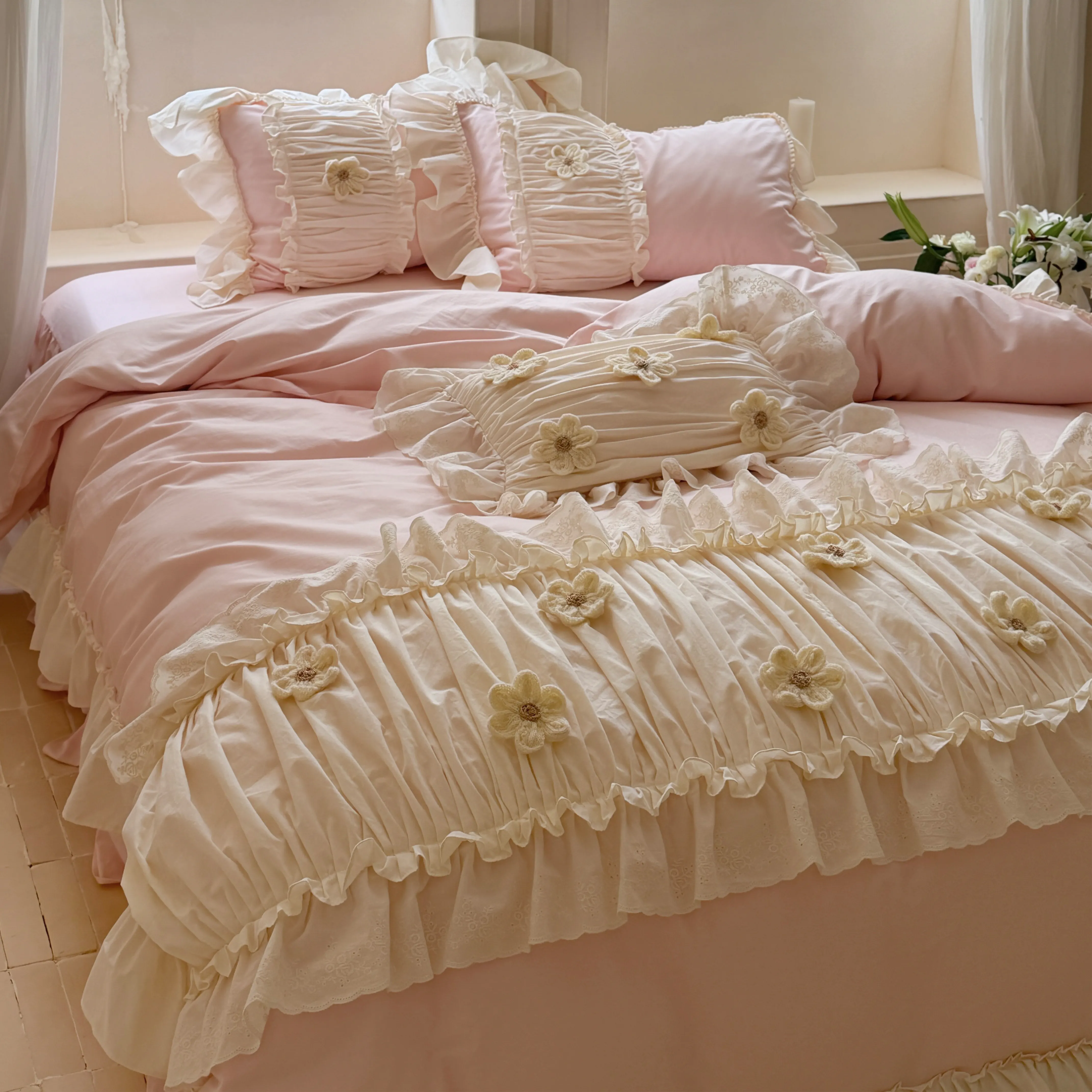 Feminine Soft 40S Pure Cotton 3D Floral Ruffle Trim Duvet Cover 4 Pcs Set10