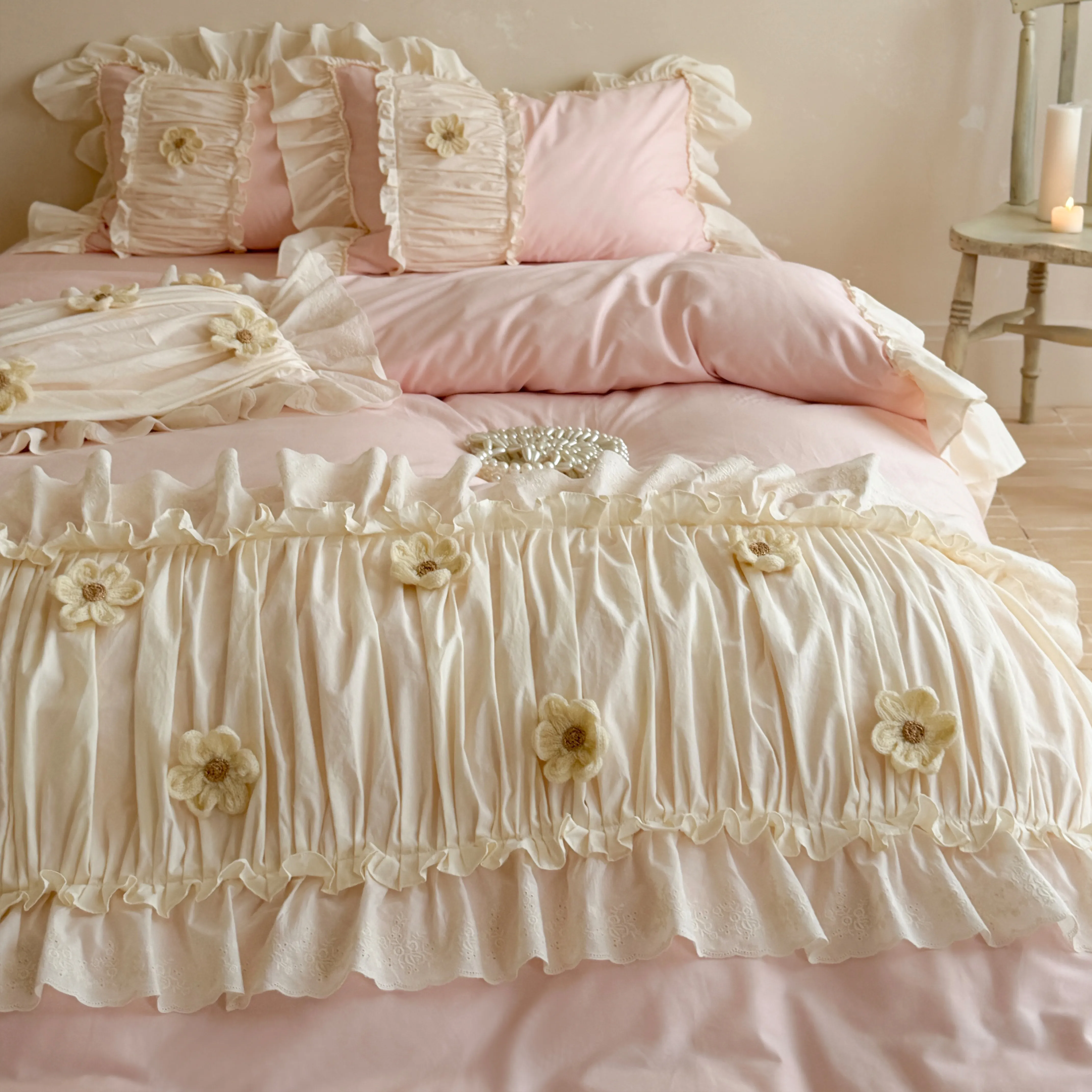 Feminine Soft 40S Pure Cotton 3D Floral Ruffle Trim Duvet Cover 4 Pcs Set11
