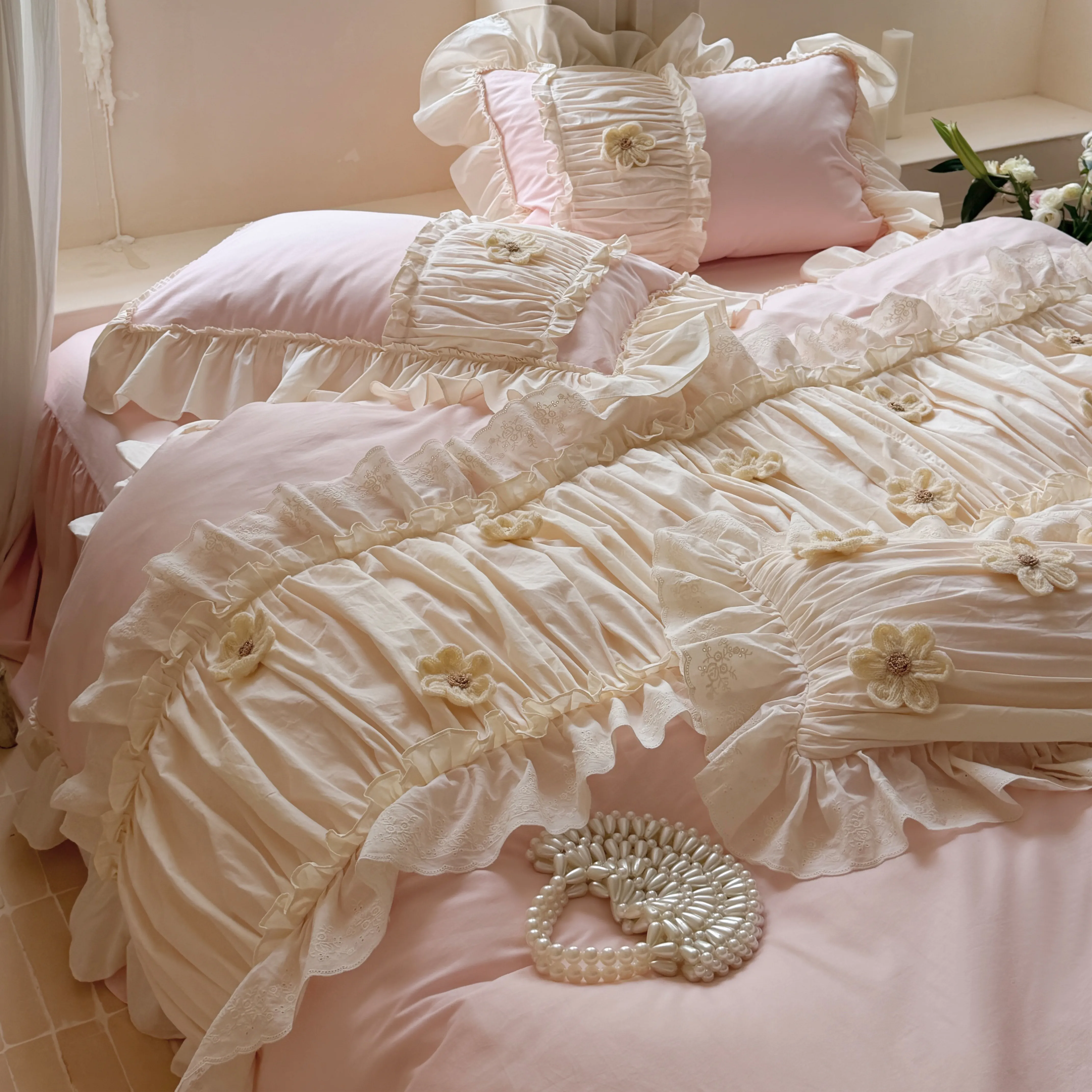 Feminine Soft 40S Pure Cotton 3D Floral Ruffle Trim Duvet Cover 4 Pcs Set12