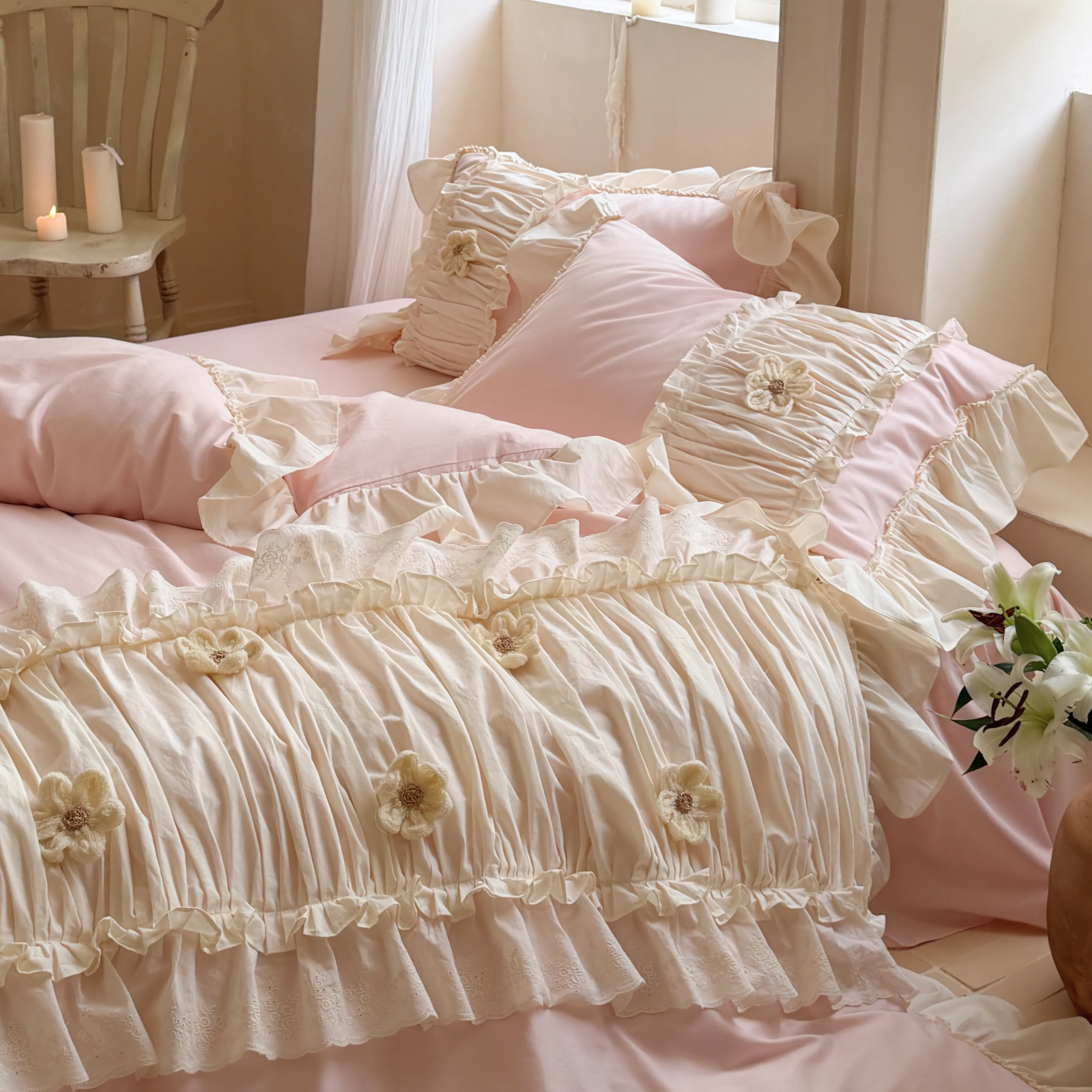 Feminine Soft 40S Pure Cotton 3D Floral Ruffle Trim Duvet Cover 4 Pcs Set13