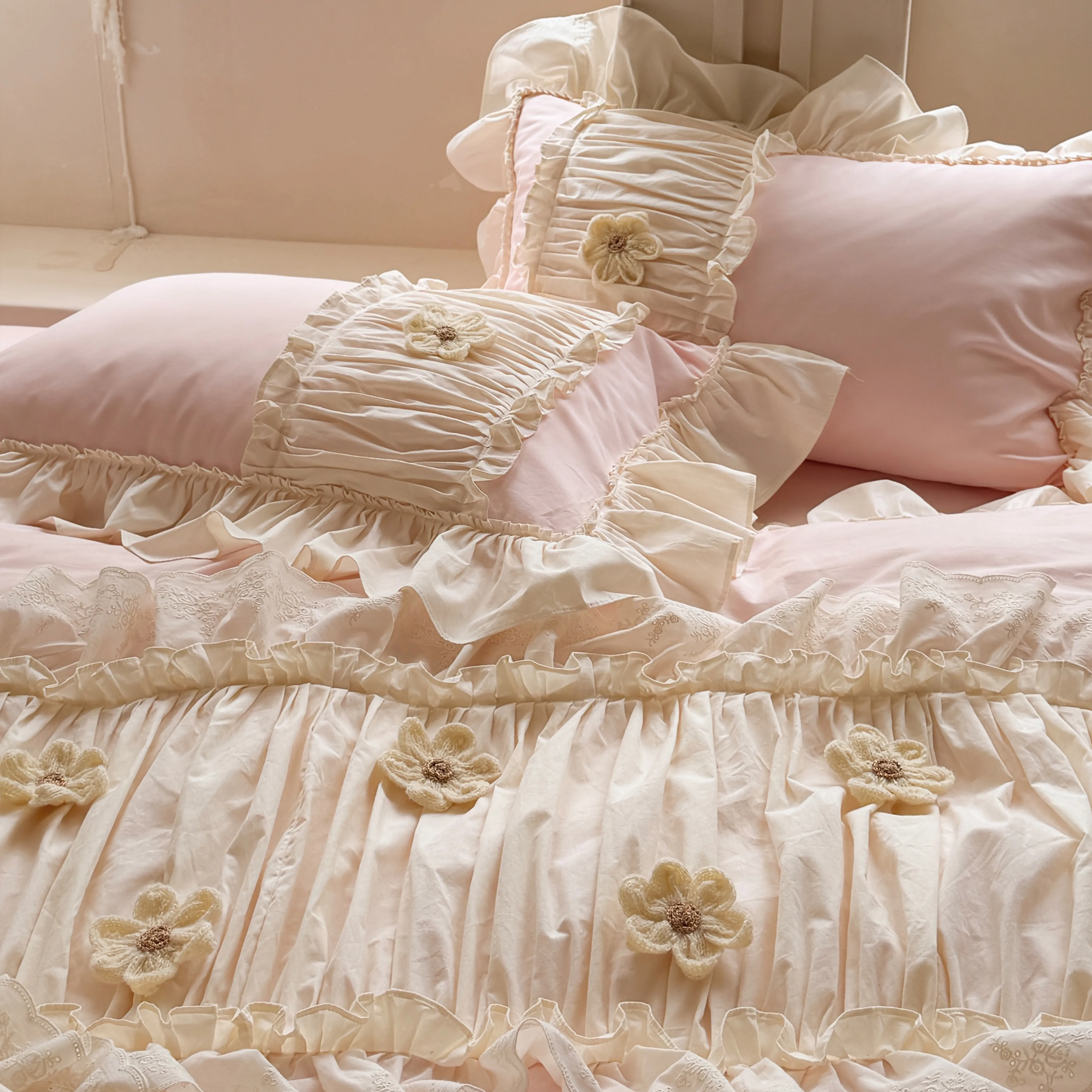Feminine Soft 40S Pure Cotton 3D Floral Ruffle Trim Duvet Cover 4 Pcs Set14