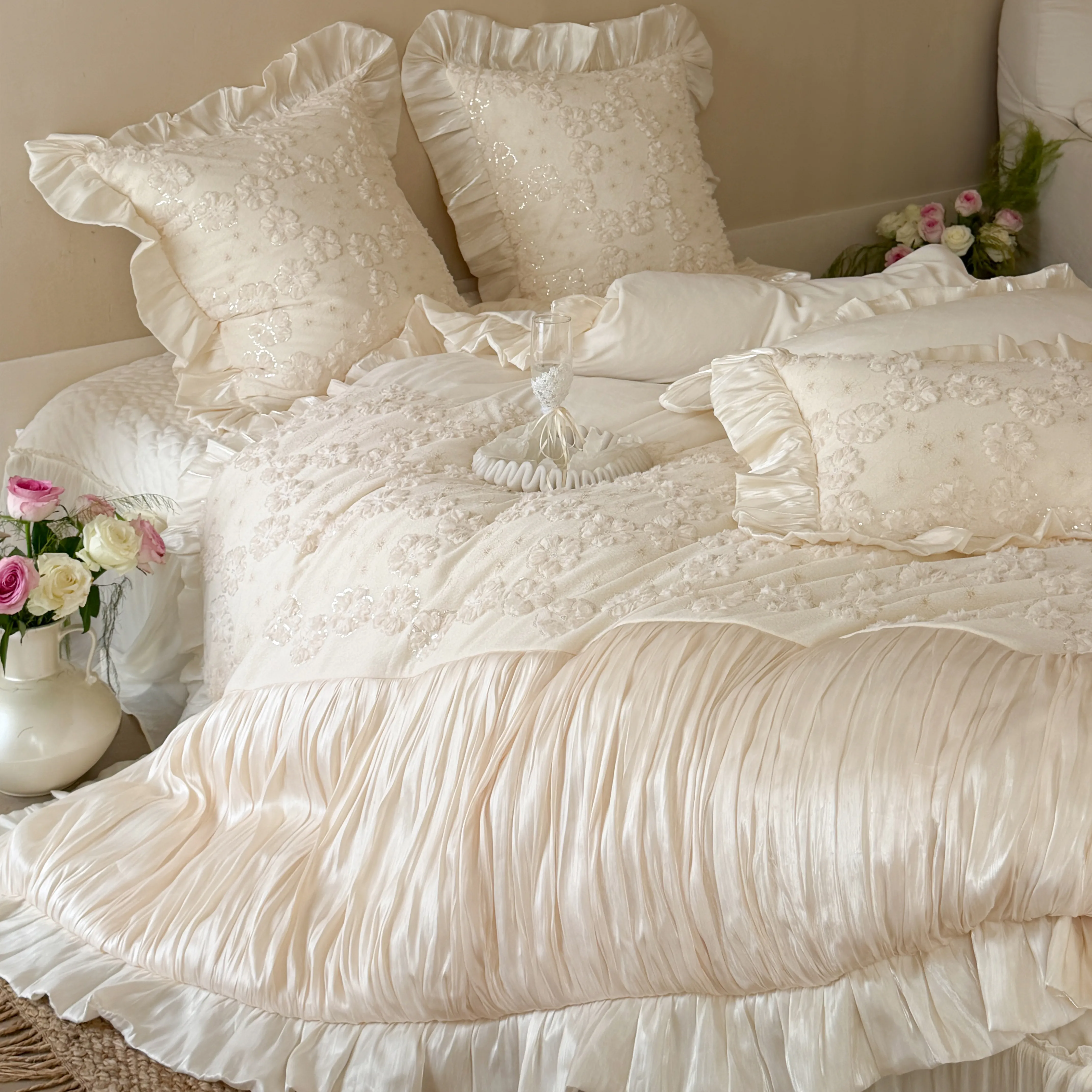 French Cloud-Soft 3D Flower Embroidery 260g Matte Baby Velvet Bedding Set12 French Cloud Soft 3D Flower Embroidery 260g Matte Baby Velvet Bedding Set12