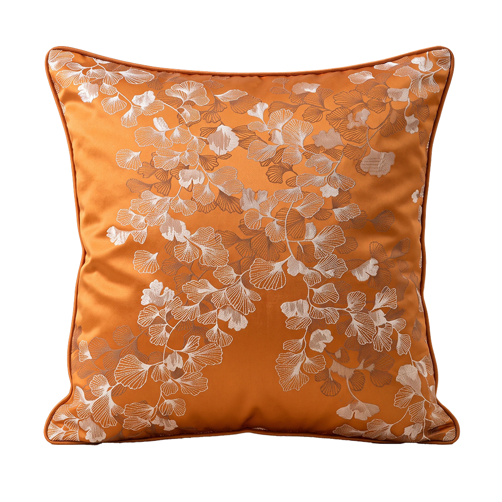 Ginkgo Leaf Embroidered Satin Square Decorative Throw Pillow Cover01