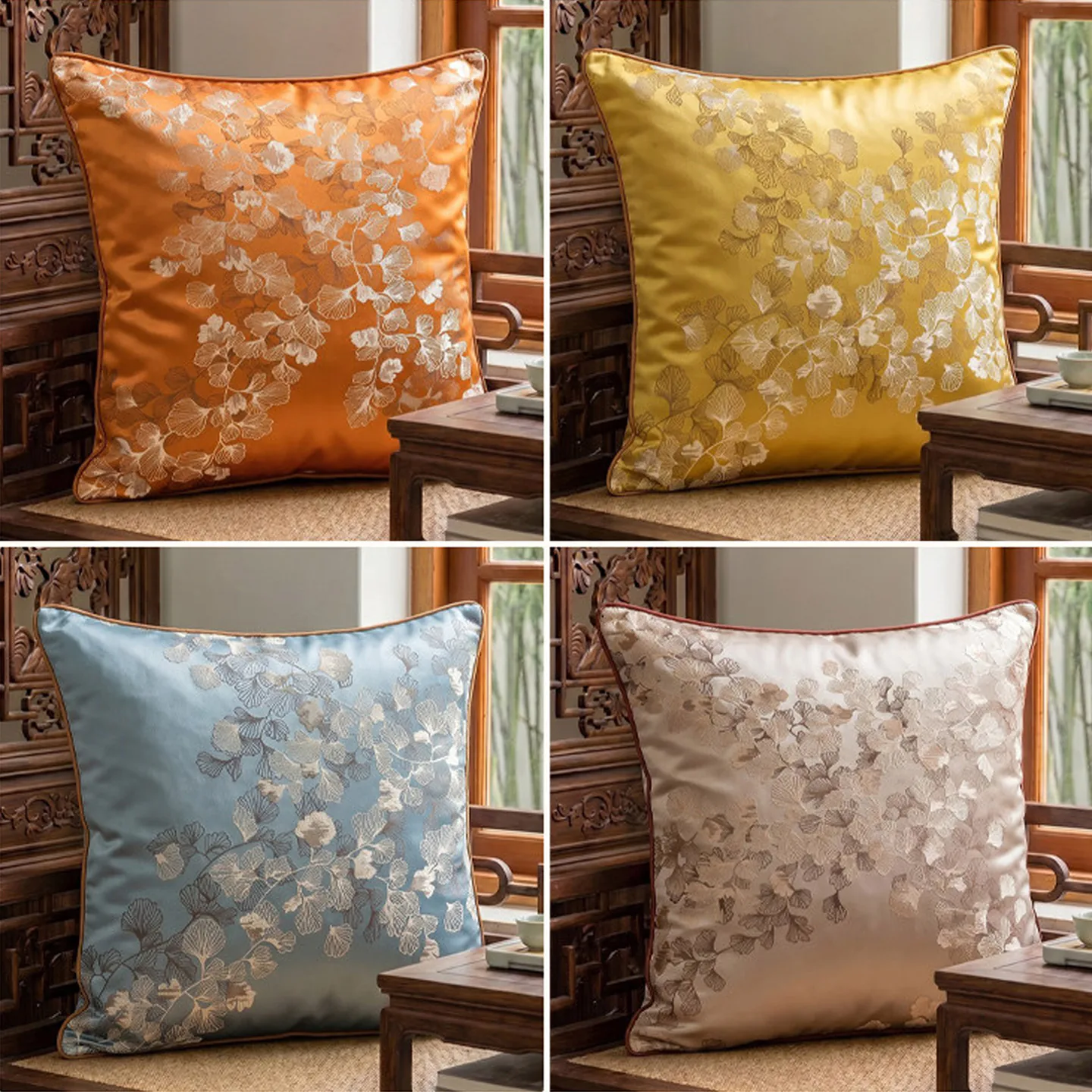 Ginkgo Leaf Embroidered Satin Square Decorative Throw Pillow Cover05 Ginkgo Leaf Embroidered Satin Square Decorative Throw Pillow Cover05