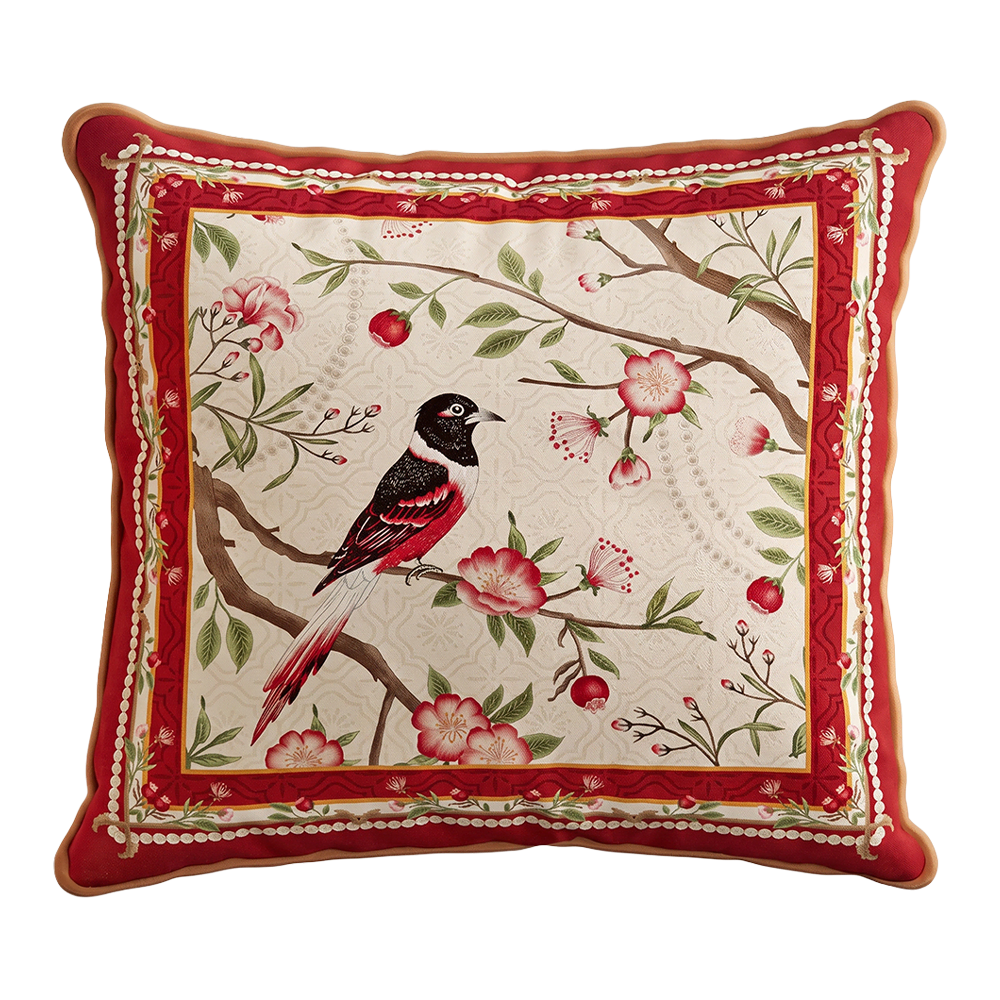 Oriental Floral Bird Print Short Velvet Red Square Throw Pillow Cover Sham