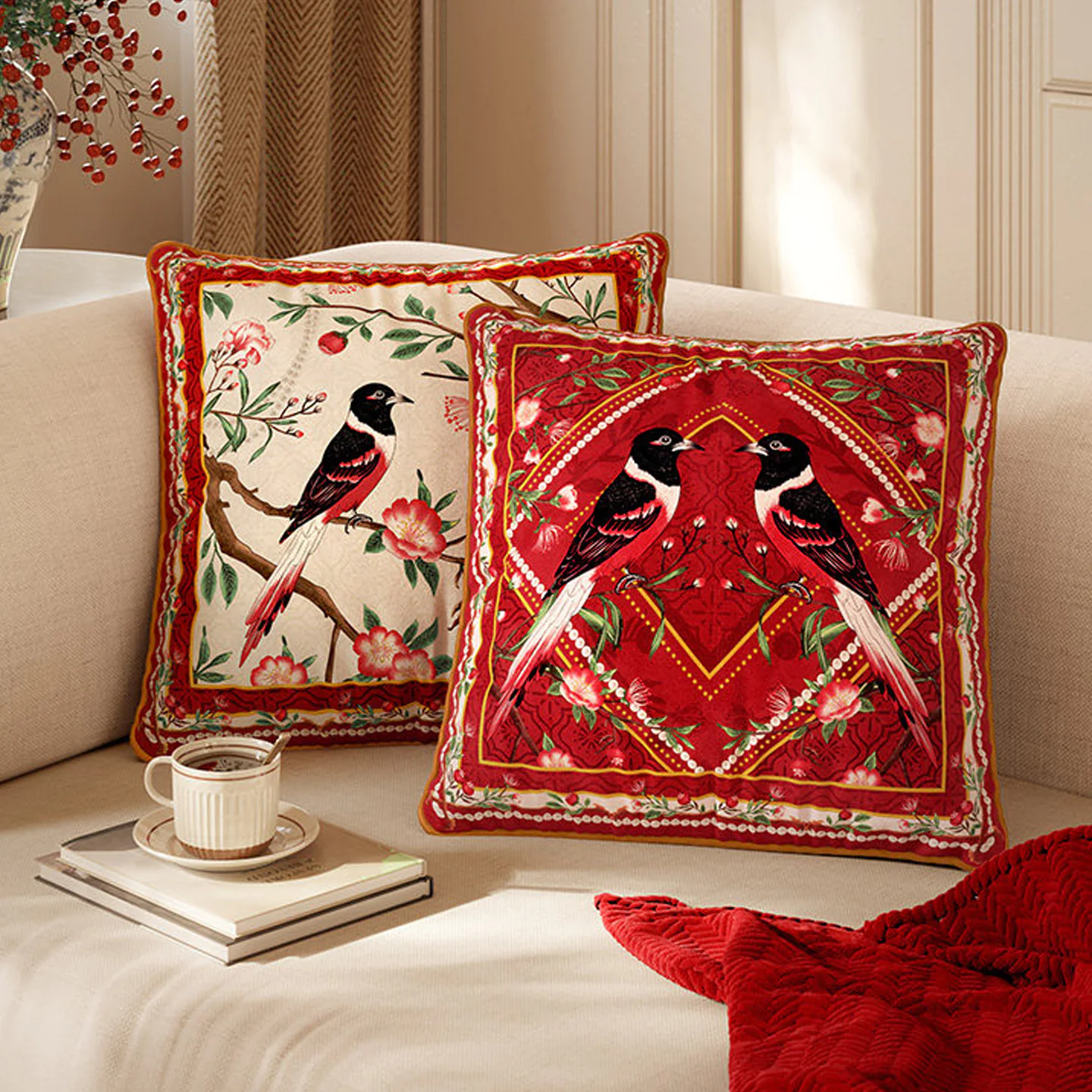 Oriental Floral Bird Print Short Velvet Red Square Throw Pillow Cover Sham03