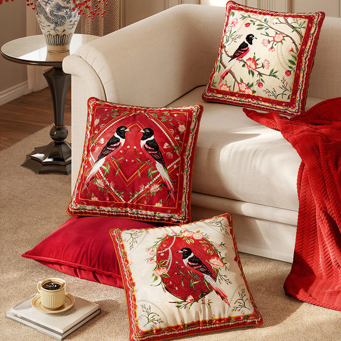 Oriental Floral Bird Print Short Velvet Red Square Throw Pillow Cover Sham04