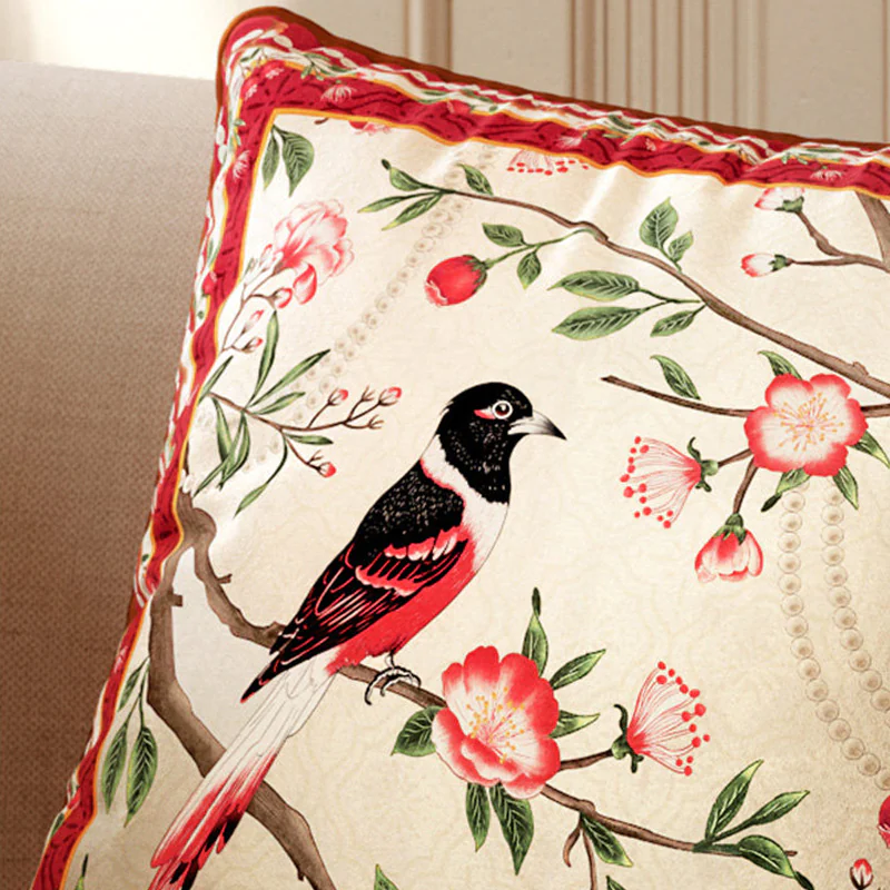 Oriental Floral Bird Print Short Velvet Red Square Throw Pillow Cover Sham05