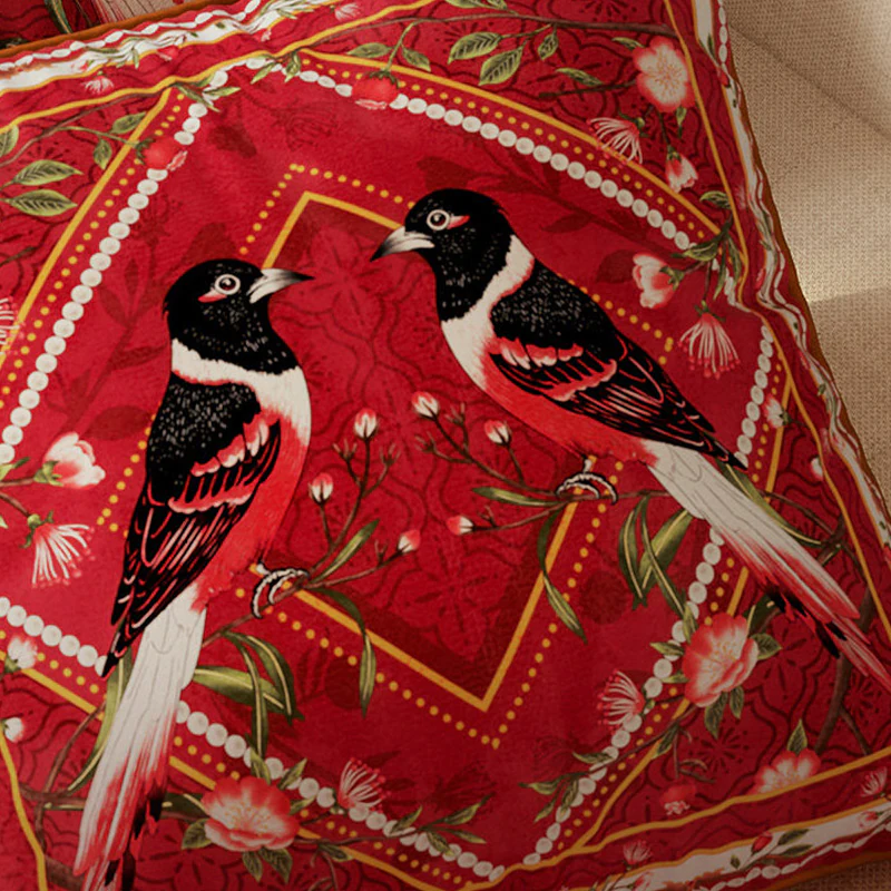 Oriental Floral Bird Print Short Velvet Red Square Throw Pillow Cover Sham06