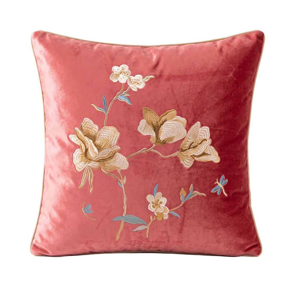 Retro Blooming Magnolia Embroidered Square Velvet Throw Pillow Cover01