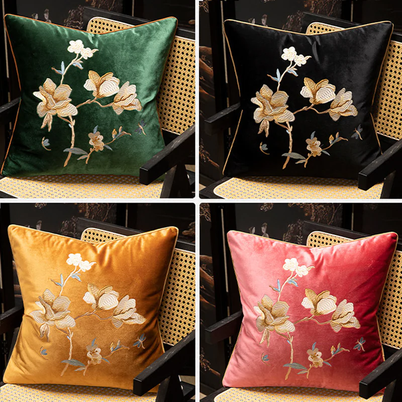 Retro Blooming Magnolia Embroidered Square Velvet Throw Pillow Cover02 Retro Blooming Magnolia Embroidered Square Velvet Throw Pillow Cover02