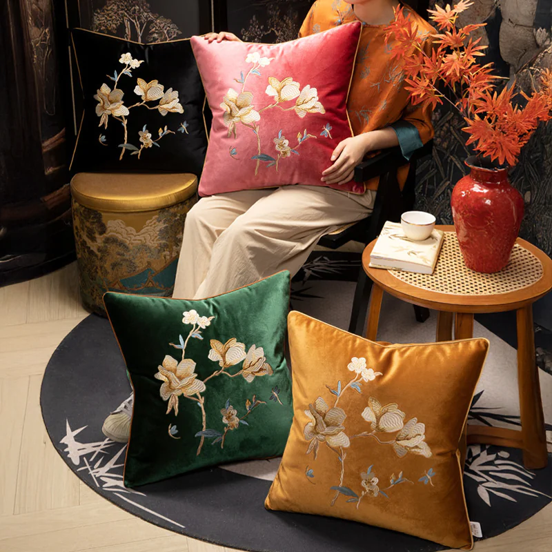 Retro Blooming Magnolia Embroidered Square Velvet Throw Pillow Cover03