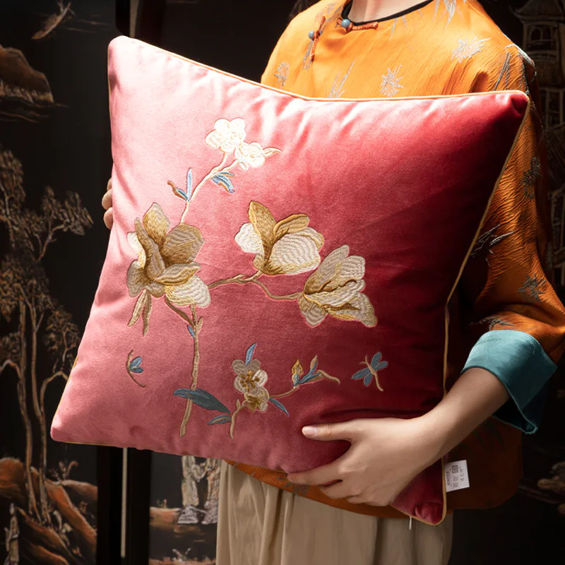 Retro Blooming Magnolia Embroidered Square Velvet Throw Pillow Cover04 Retro Blooming Magnolia Embroidered Square Velvet Throw Pillow Cover04