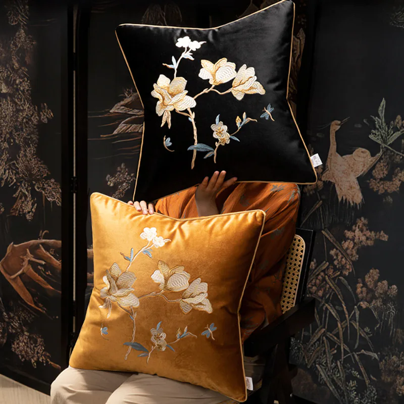 Retro Blooming Magnolia Embroidered Square Velvet Throw Pillow Cover05 Retro Blooming Magnolia Embroidered Square Velvet Throw Pillow Cover05