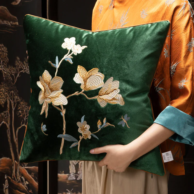 Retro Blooming Magnolia Embroidered Square Velvet Throw Pillow Cover06 Retro Blooming Magnolia Embroidered Square Velvet Throw Pillow Cover06