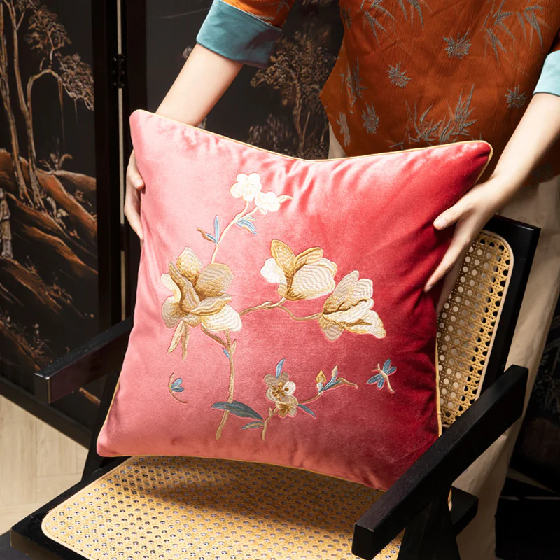Retro Blooming Magnolia Embroidered Square Velvet Throw Pillow Cover07 Retro Blooming Magnolia Embroidered Square Velvet Throw Pillow Cover07