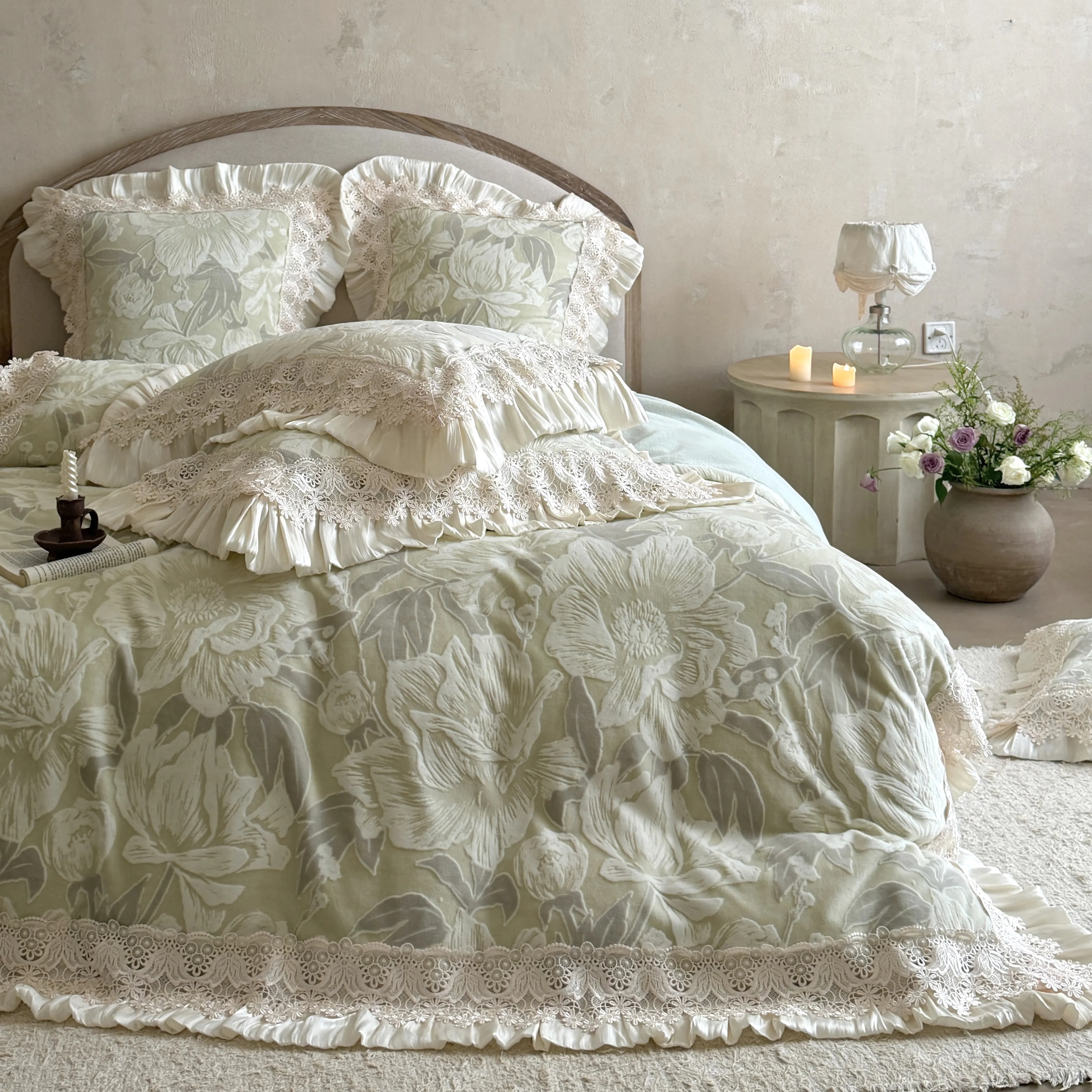 Retro Palace Style Soft Green Embossed Peony Carved Velvet Duvet Cover Set03 Retro Palace Style Soft Green Embossed Peony Carved Velvet Duvet Cover Set03
