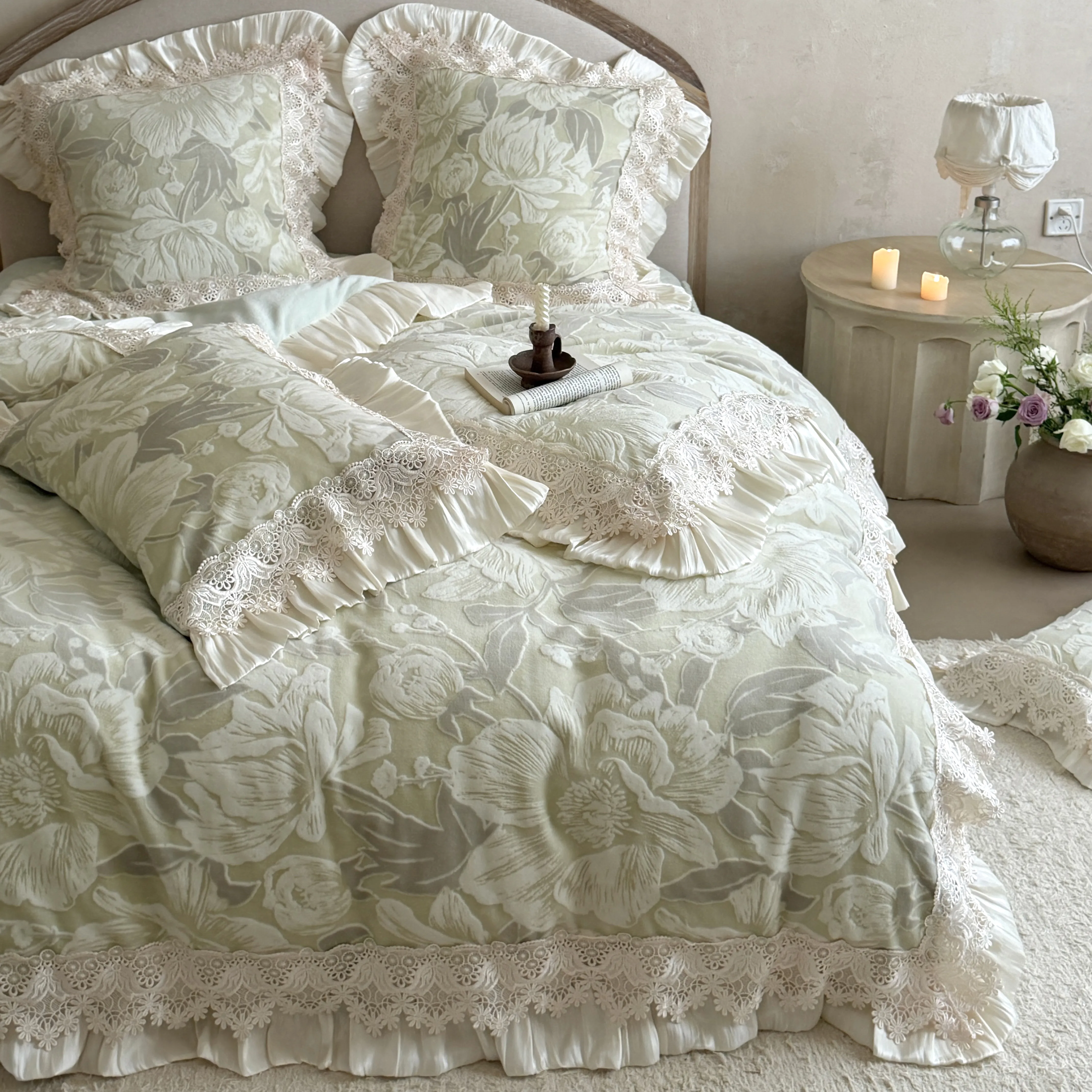 Retro Palace Style Soft Green Embossed Peony Carved Velvet Duvet Cover Set08 Retro Palace Style Soft Green Embossed Peony Carved Velvet Duvet Cover Set08