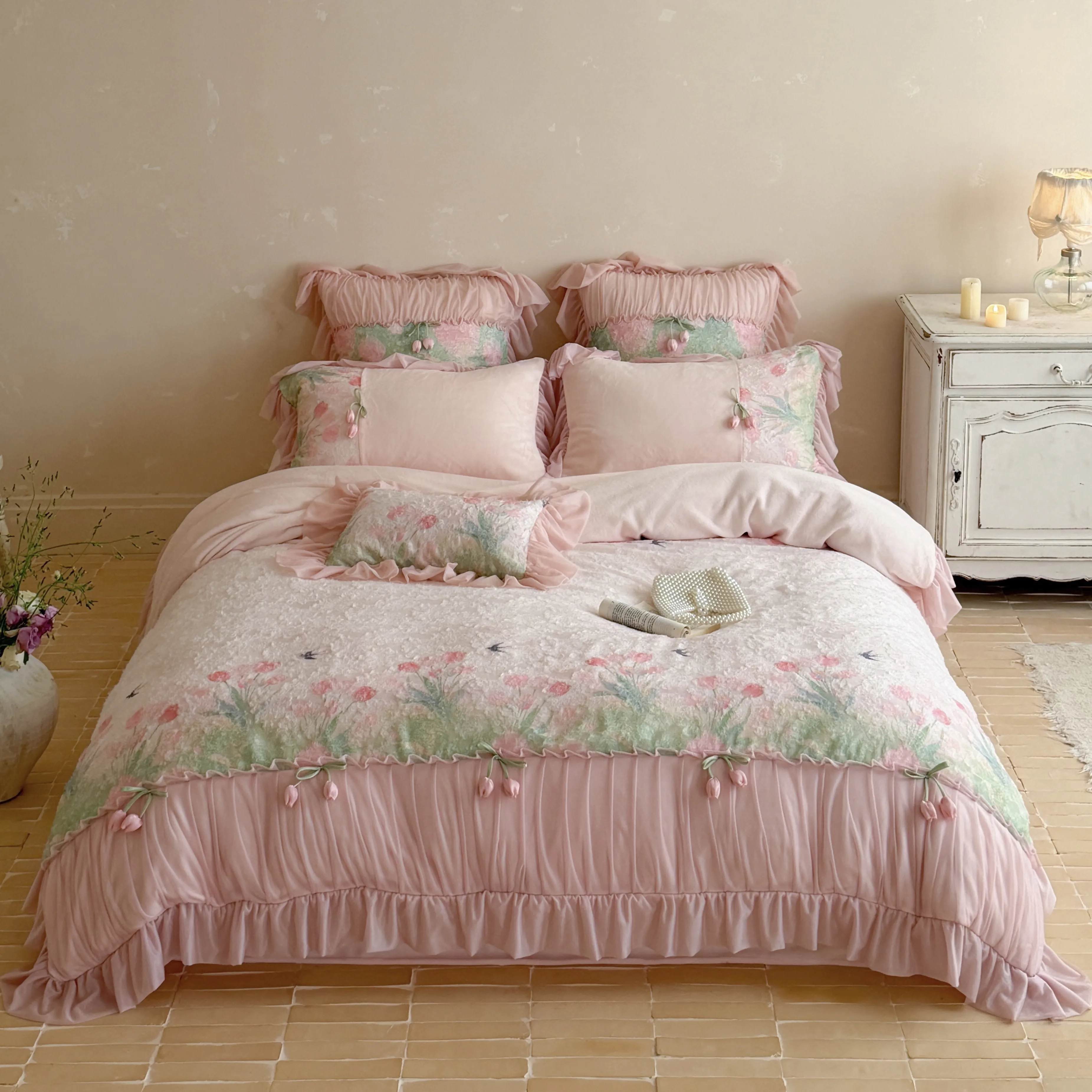 Romantic Blush Pink 3D Tulip Thick Warm Milk Velvet 4 Piece Bedding Set01