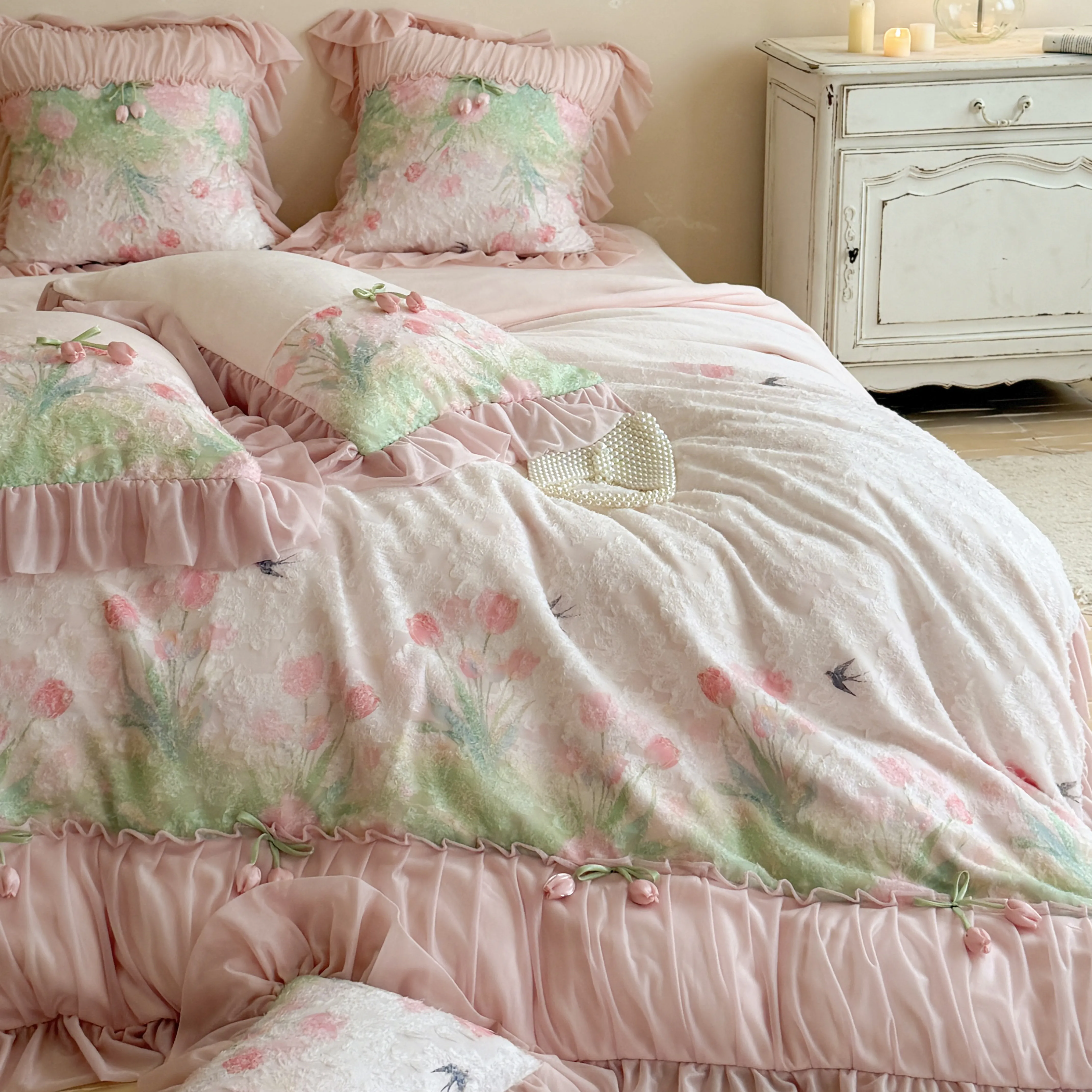 Romantic Blush Pink 3D Tulip Thick Warm Milk Velvet 4 Piece Bedding Set02